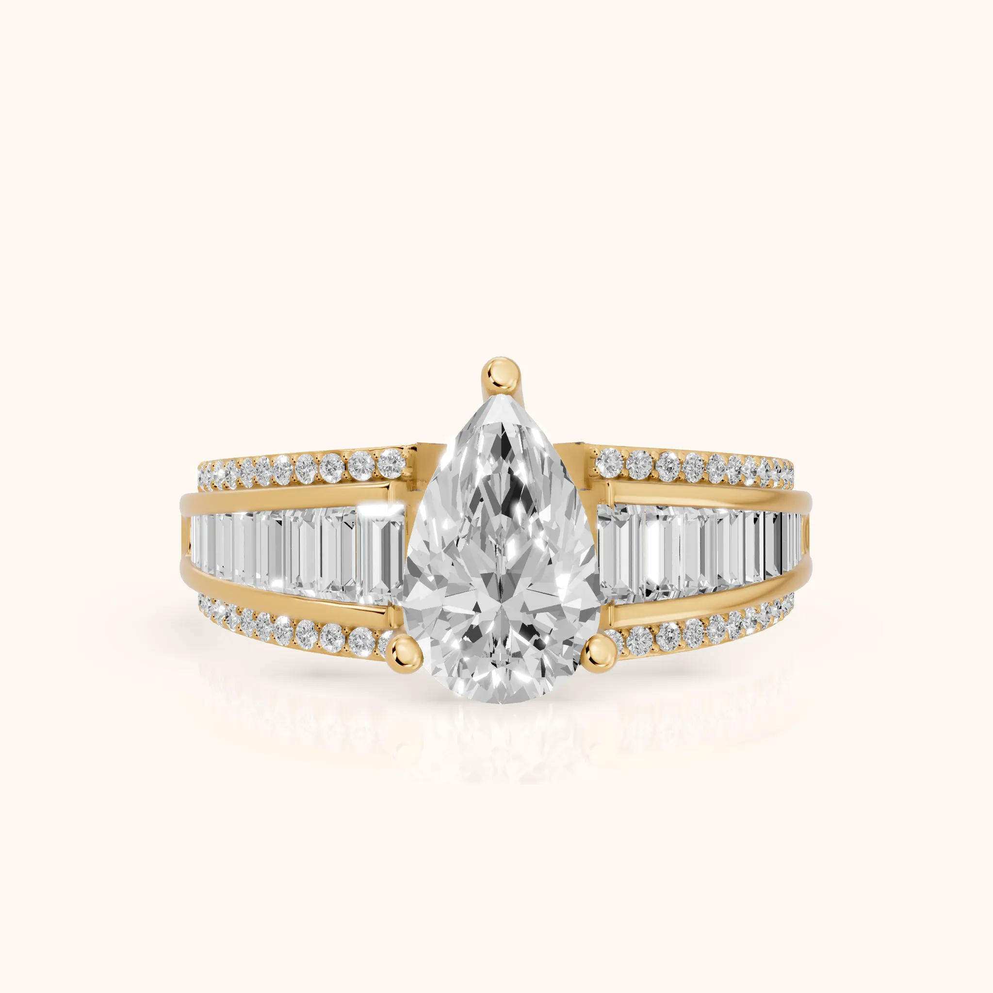 Halle Channel Set Baguette Accent Pear Diamond Engagement Ring in Yellow Gold — view 1