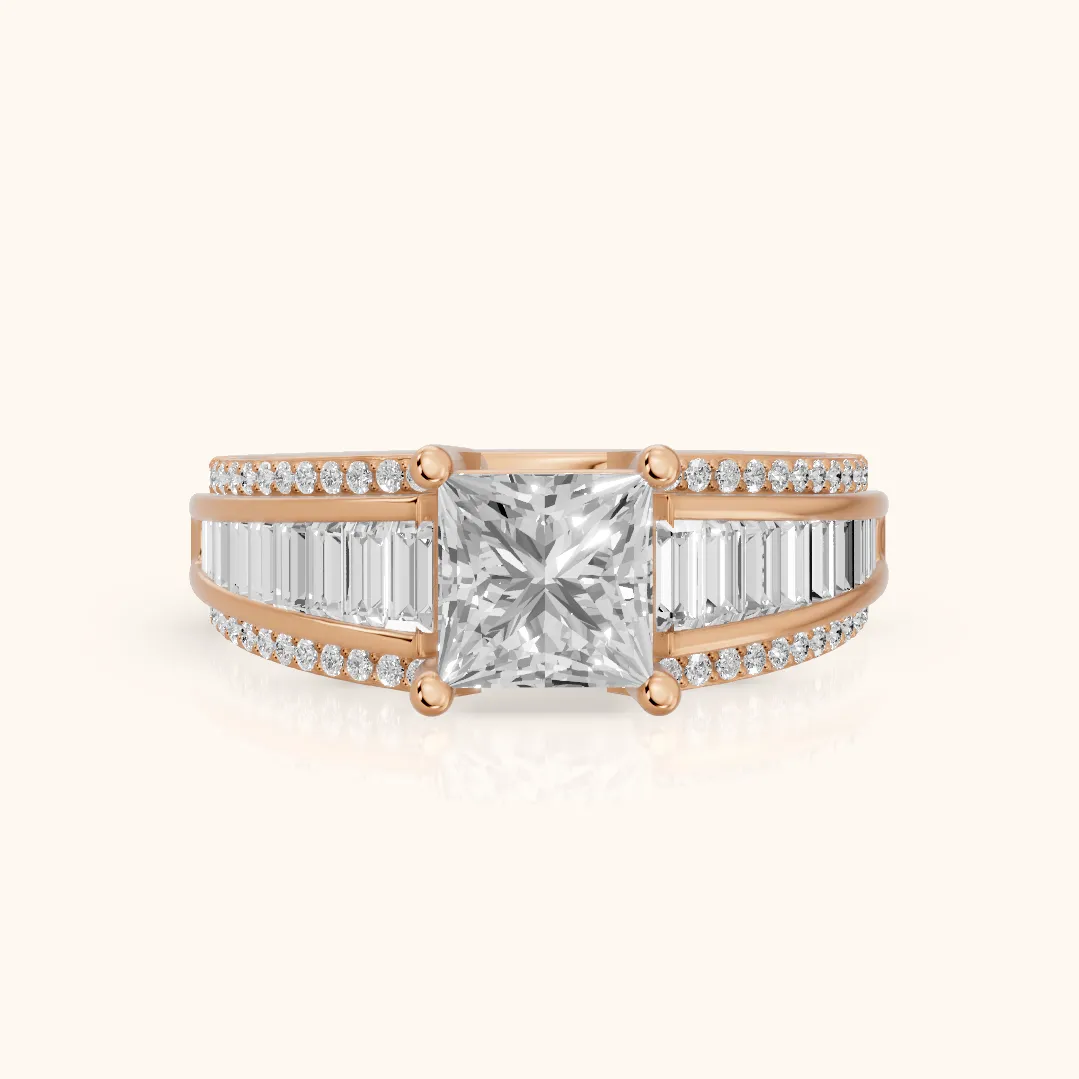 Halle Channel Set Baguette Accent Princess Diamond Engagement Ring in Rose Gold — view 2