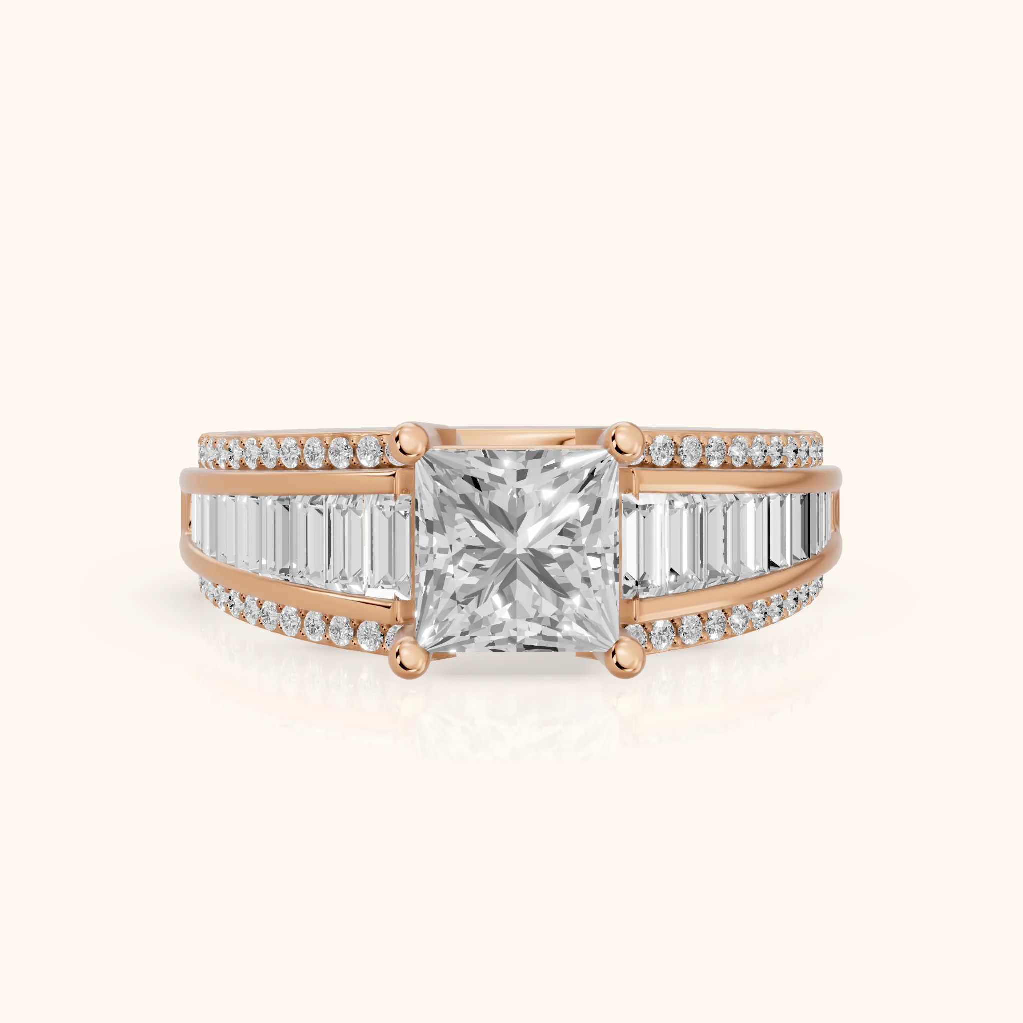 Halle Channel Set Baguette Accent Princess Diamond Engagement Ring in Rose Gold — view 1
