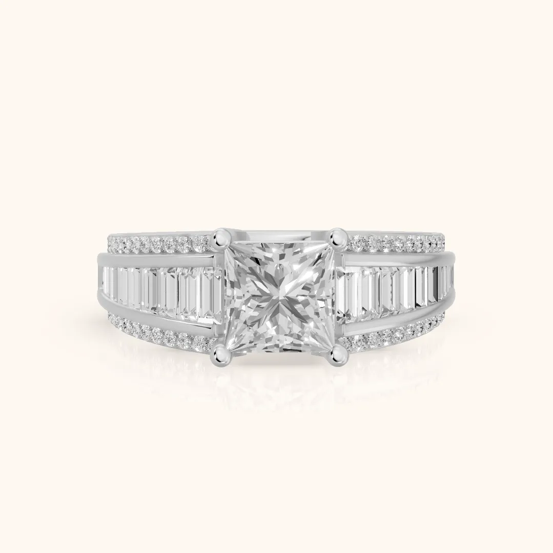 Halle Channel Set Baguette Accent Princess Diamond Engagement Ring in Silver — view 2