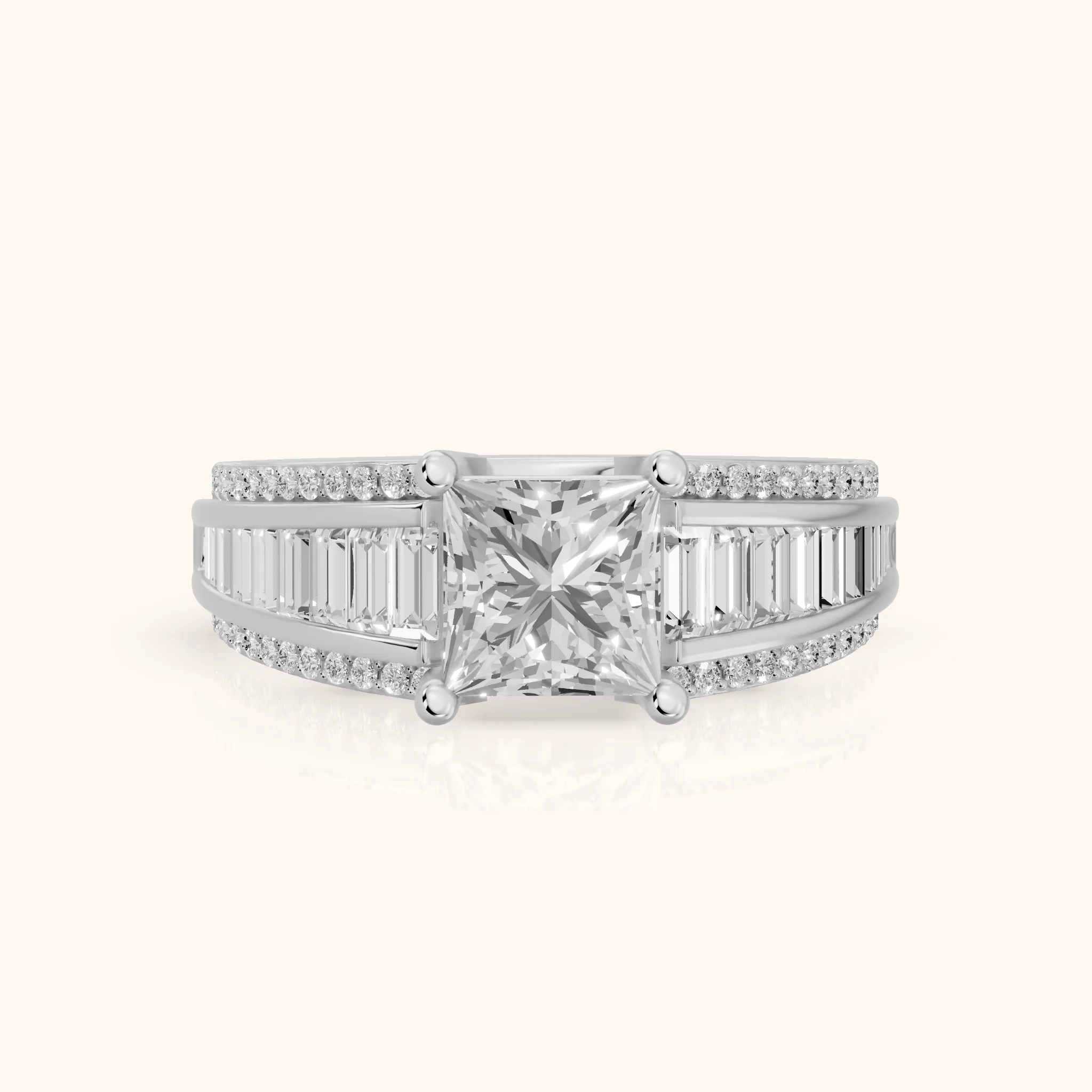 Halle Channel Set Baguette Accent Princess Diamond Engagement Ring in White Gold — view 1