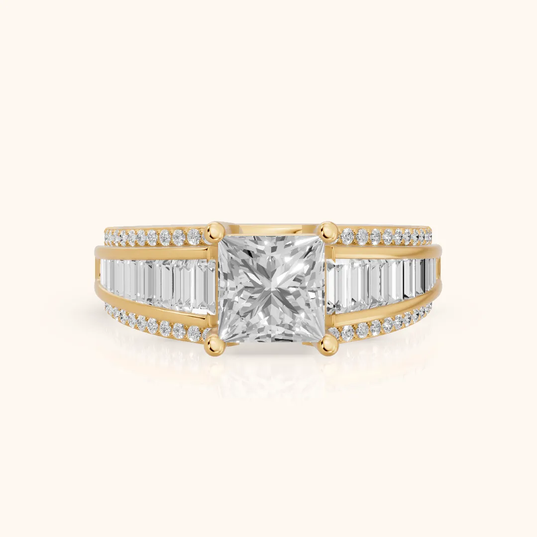 Halle Channel Set Baguette Accent Princess Diamond Engagement Ring in Yellow Gold — view 2