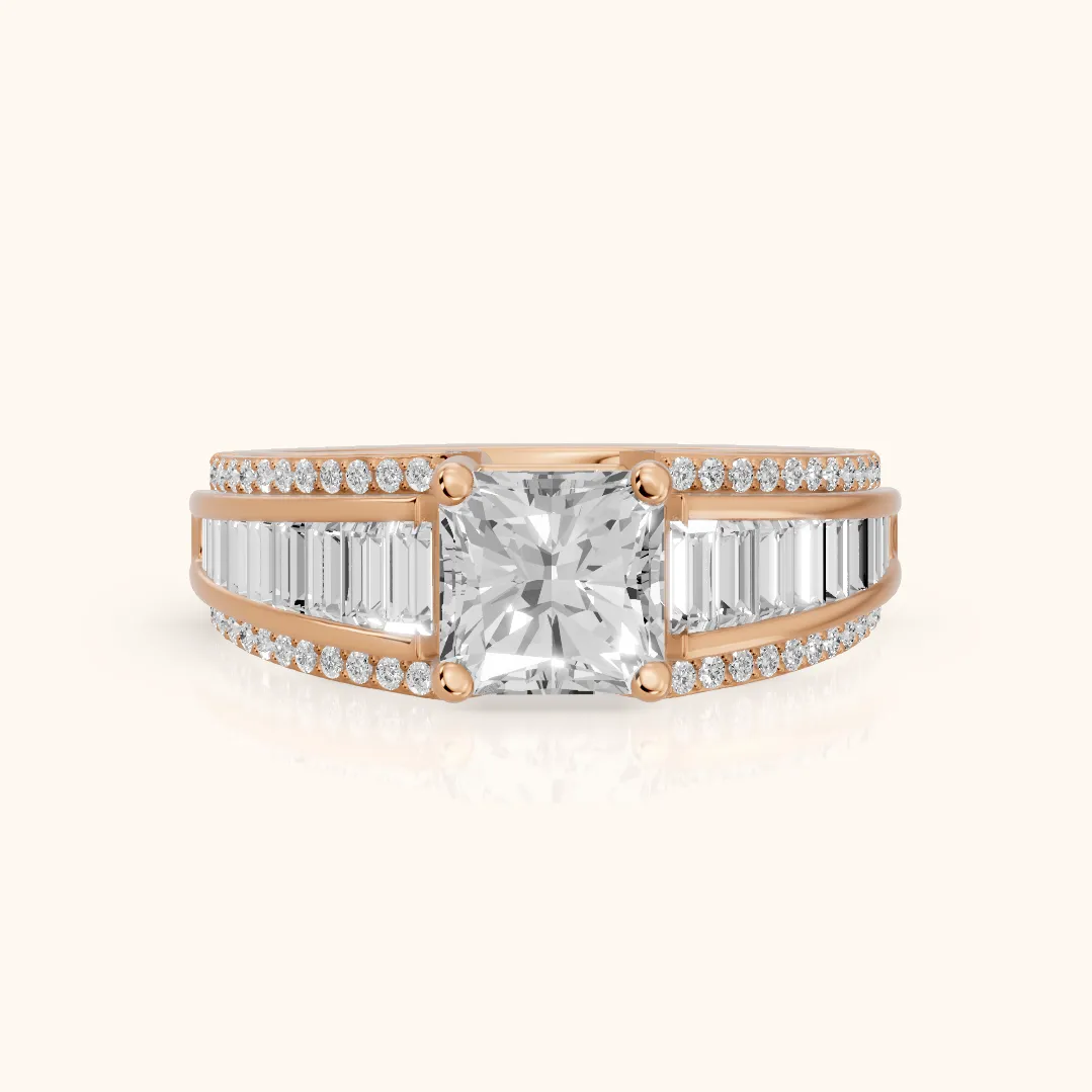 Halle Channel Set Baguette Accent Radiant Diamond Engagement Ring in Rose Gold — view 2
