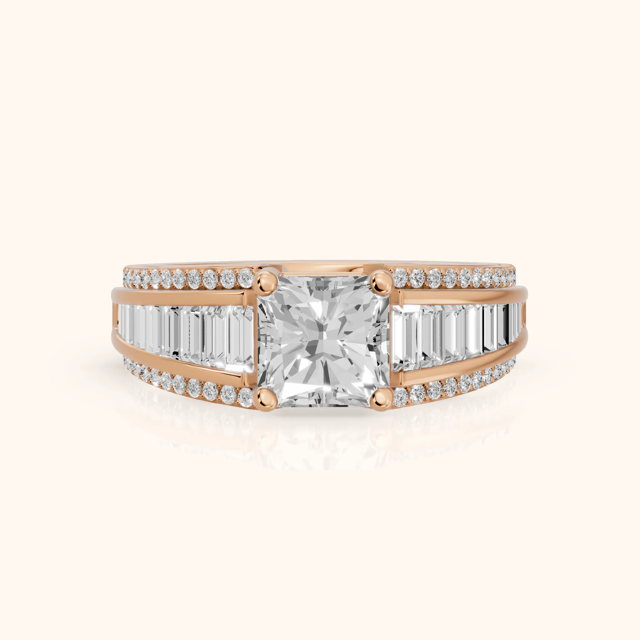 Halle Channel Set Baguette Accent Radiant Diamond Engagement Ring in Rose Gold — view 1