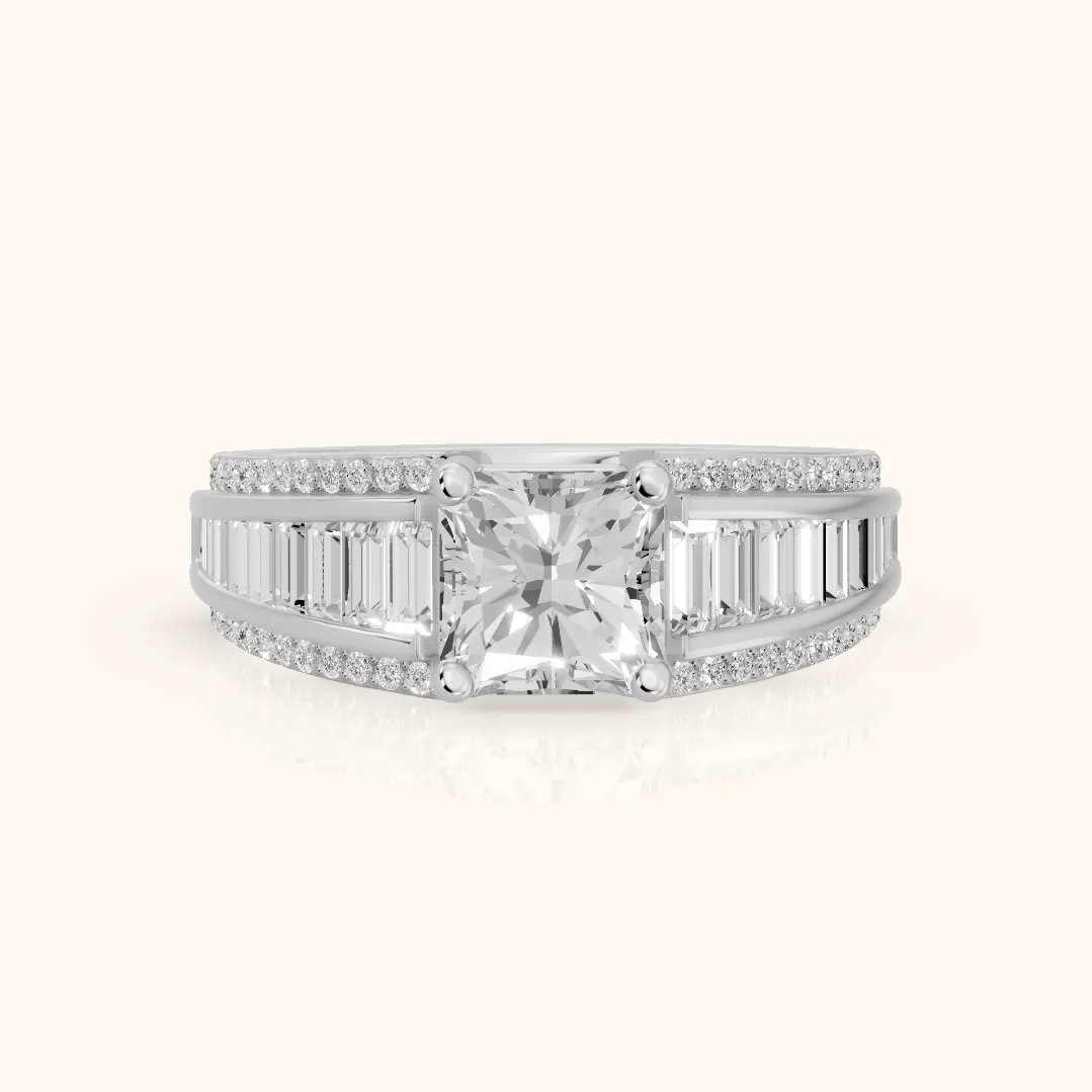 Halle Channel Set Baguette Accent Radiant Diamond Engagement Ring in Silver — view 2