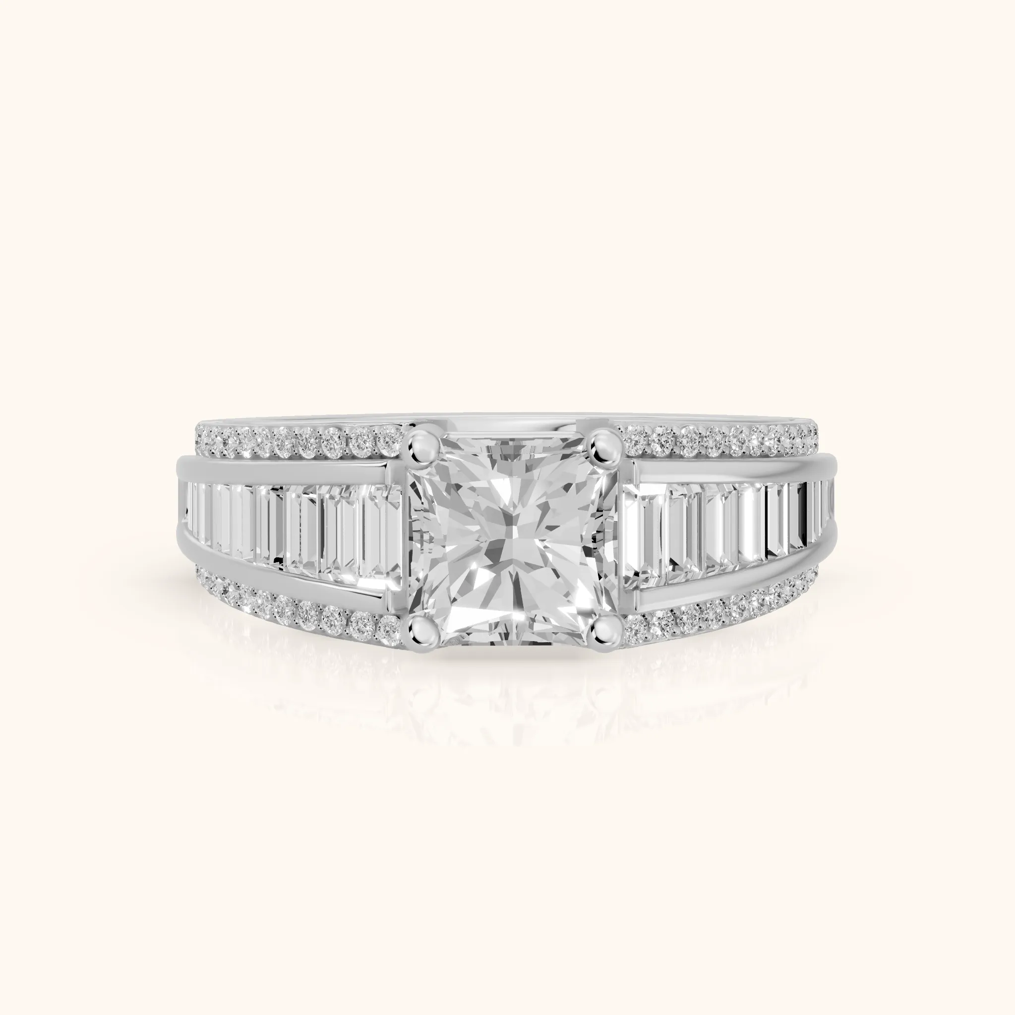 Halle Channel Set Baguette Accent Radiant Diamond Engagement Ring in White Gold — view 1