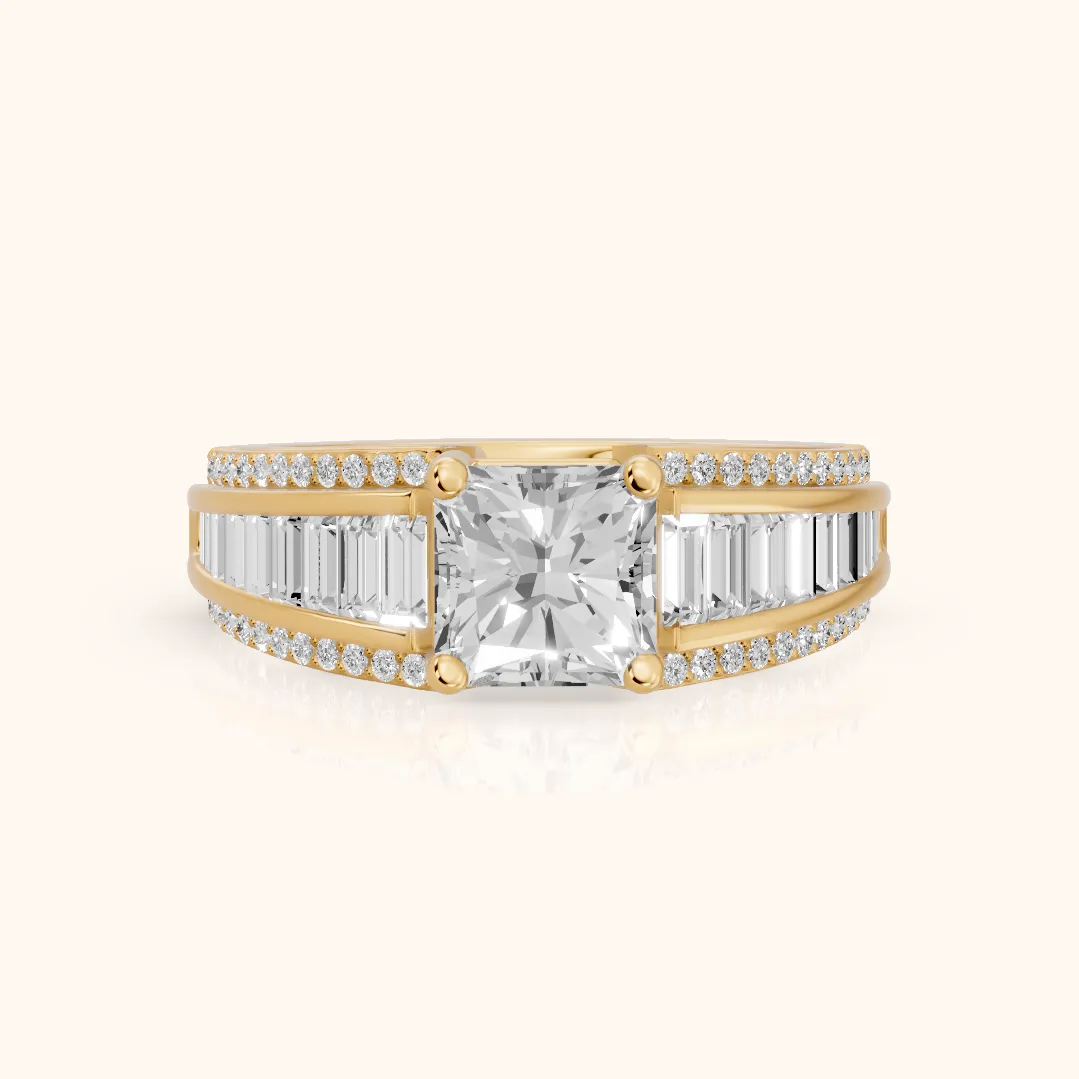 Halle Channel Set Baguette Accent Radiant Diamond Engagement Ring in Yellow Gold — view 2
