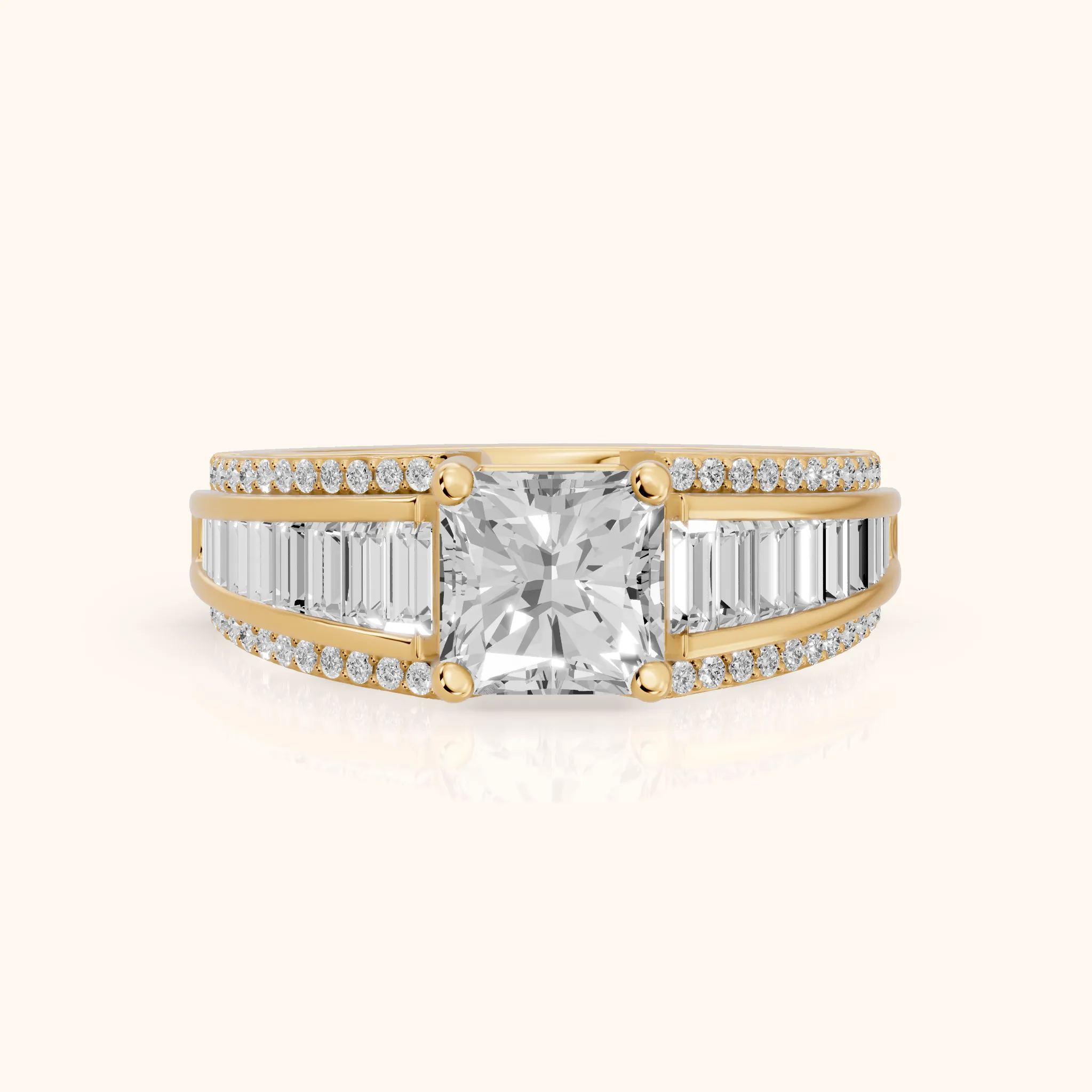 Halle Channel Set Baguette Accent Radiant Diamond Engagement Ring in Yellow Gold — view 1