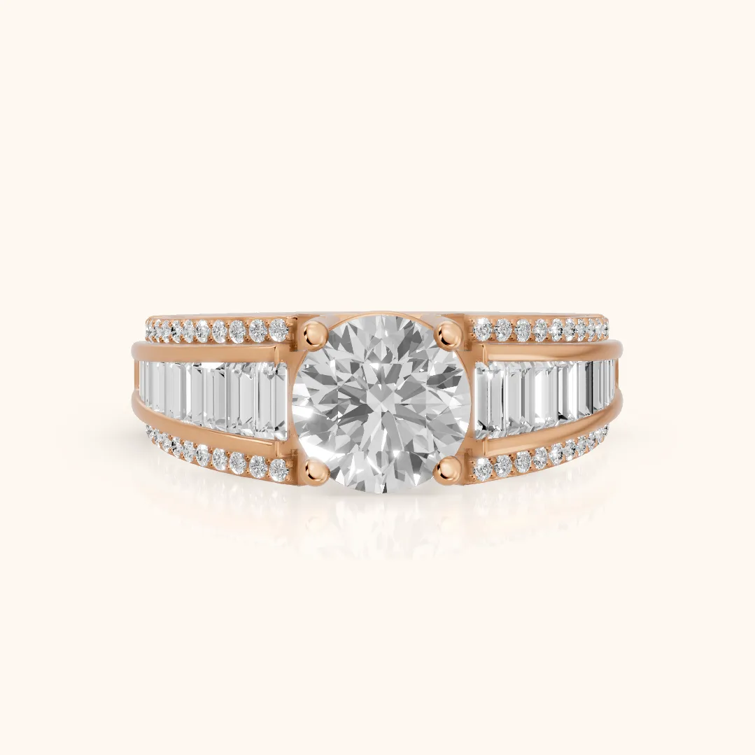 Halle Channel Set Baguette Accent Round Diamond Engagement Ring in Rose Gold — view 2