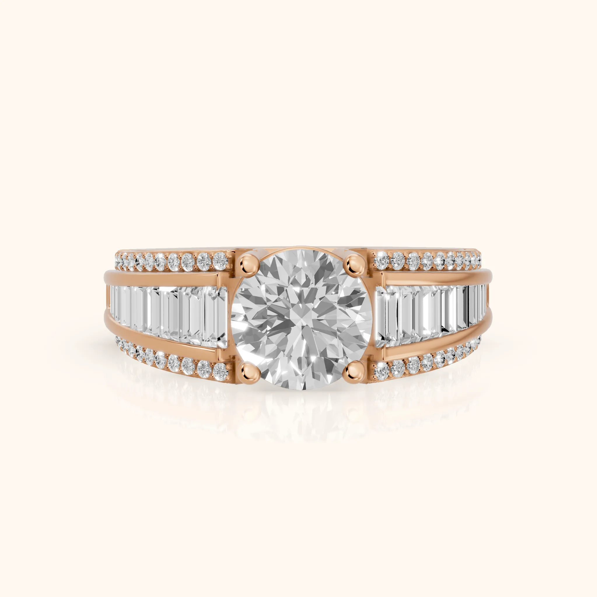 Halle Channel Set Baguette Accent Round Diamond Engagement Ring in Rose Gold — view 1