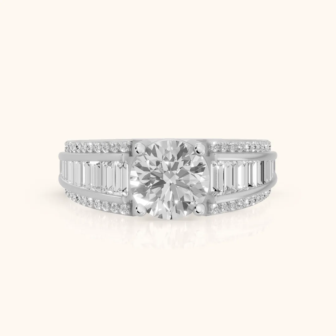 Halle Channel Set Baguette Accent Round Diamond Engagement Ring in Silver — view 2