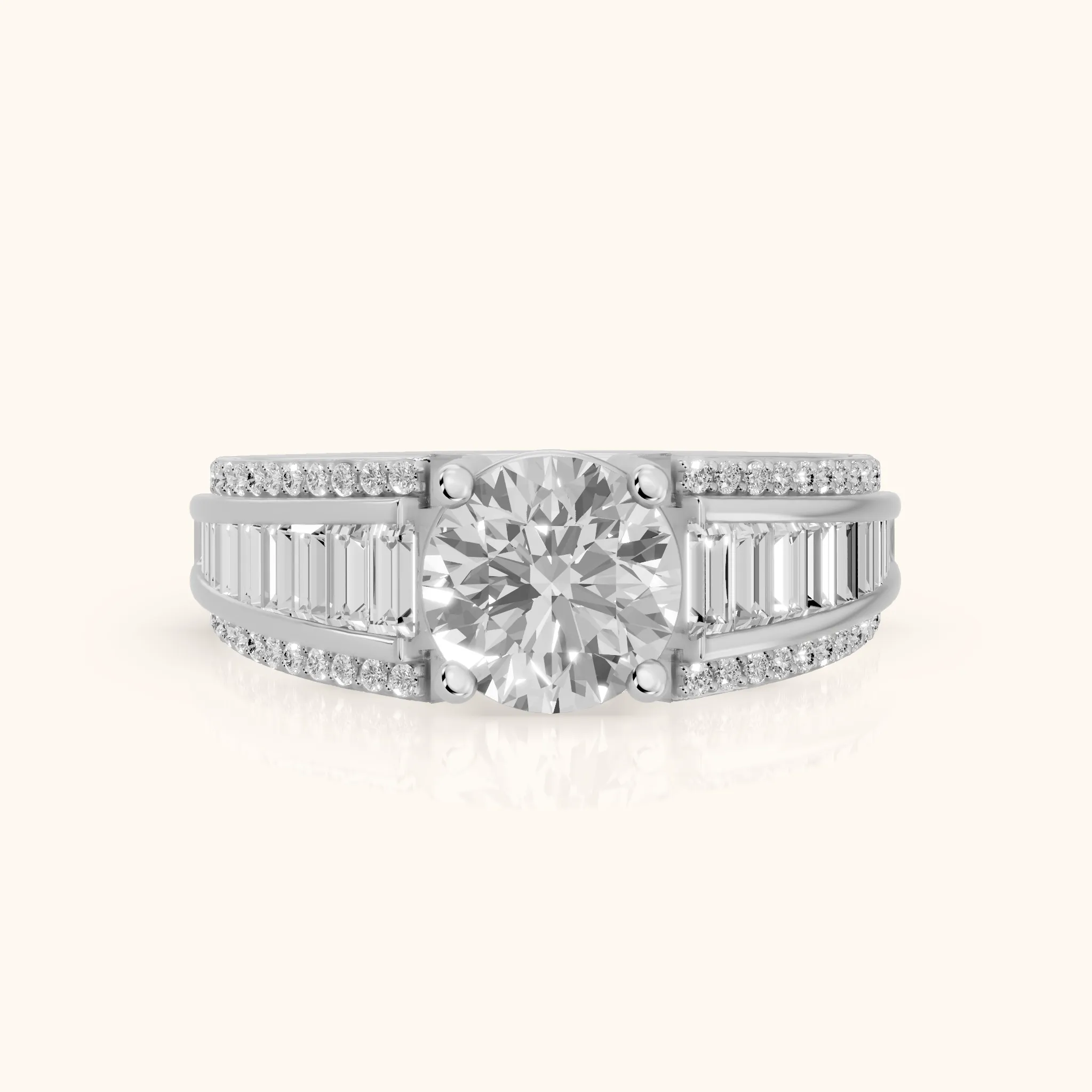 Halle Channel Set Baguette Accent Round Diamond Engagement Ring in Silver — view 1