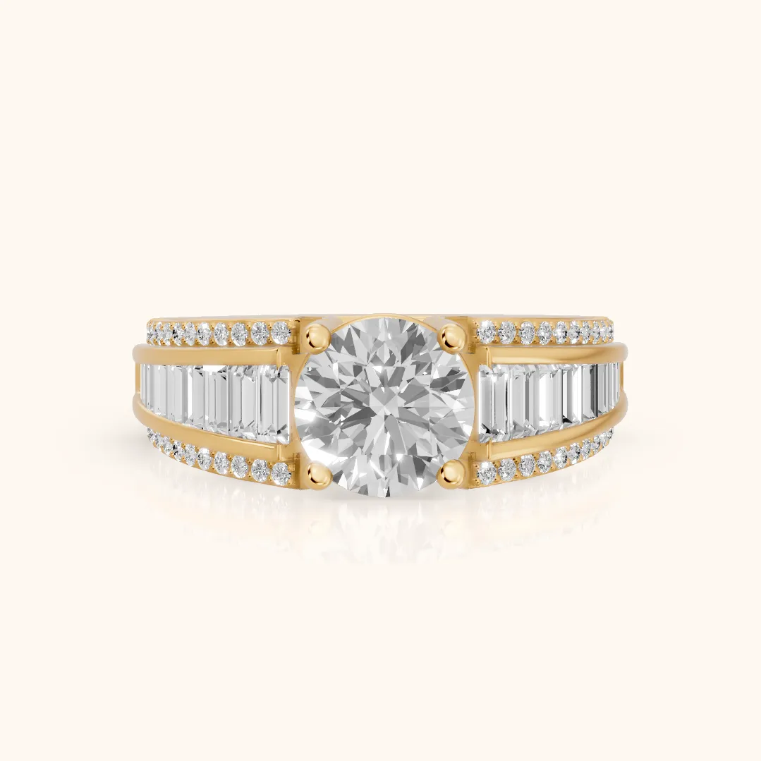 Halle Channel Set Baguette Accent Round Diamond Engagement Ring in Yellow Gold — view 2