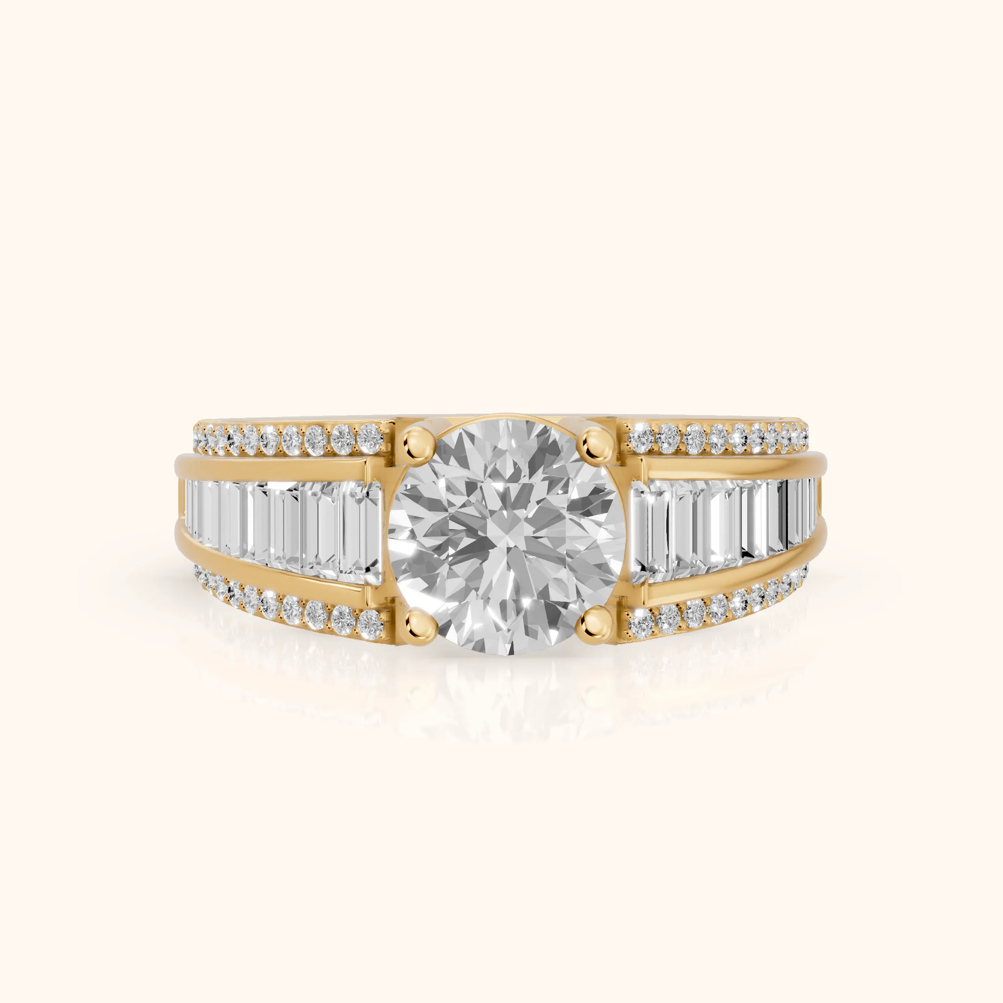 Halle Channel Set Baguette Accent Round Diamond Engagement Ring in Yellow Gold — view 1