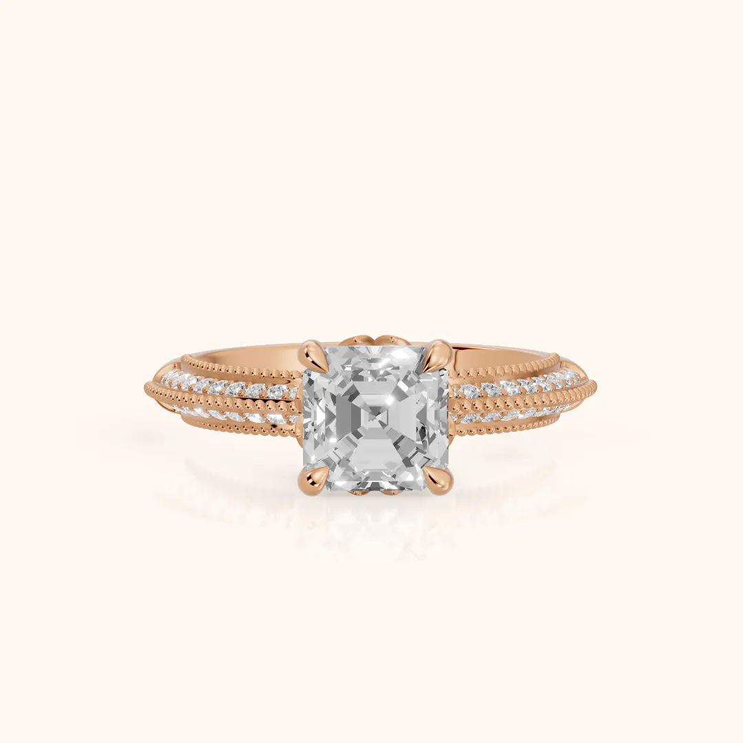 Indie Vintage Milgrain Asscher Diamond Engagement Ring in Rose Gold — view 2