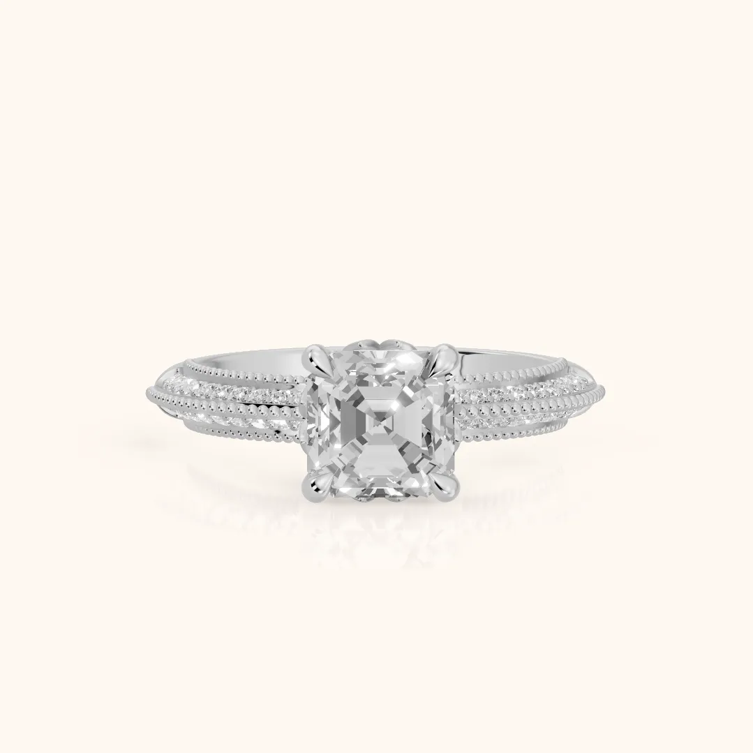 Indie Vintage Milgrain Asscher Diamond Engagement Ring in Silver — view 2
