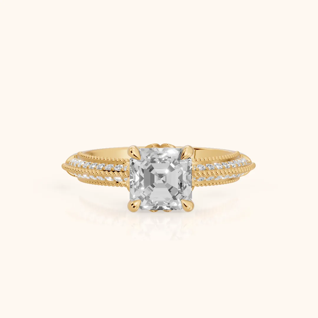 Indie Vintage Milgrain Asscher Diamond Engagement Ring in Yellow Gold — view 2