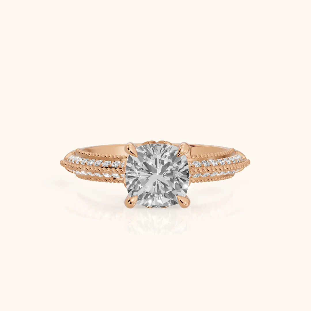 Indie Vintage Milgrain Cushion Diamond Engagement Ring in Rose Gold — view 2