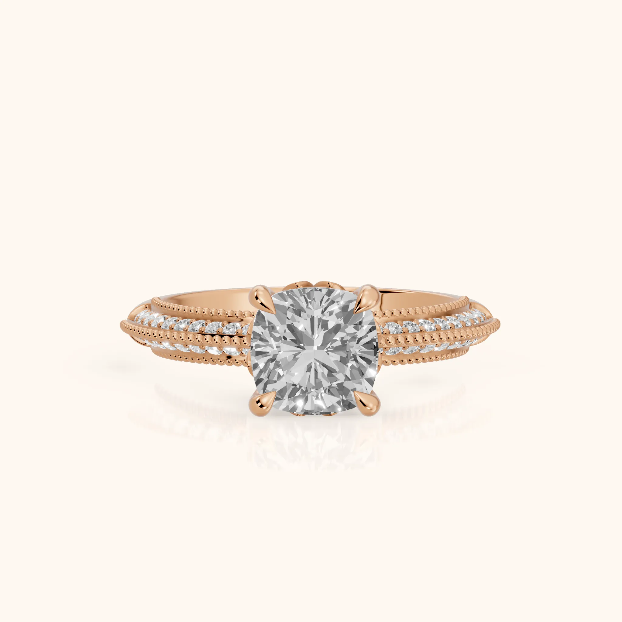 Indie Vintage Milgrain Cushion Diamond Engagement Ring in Rose Gold — view 1