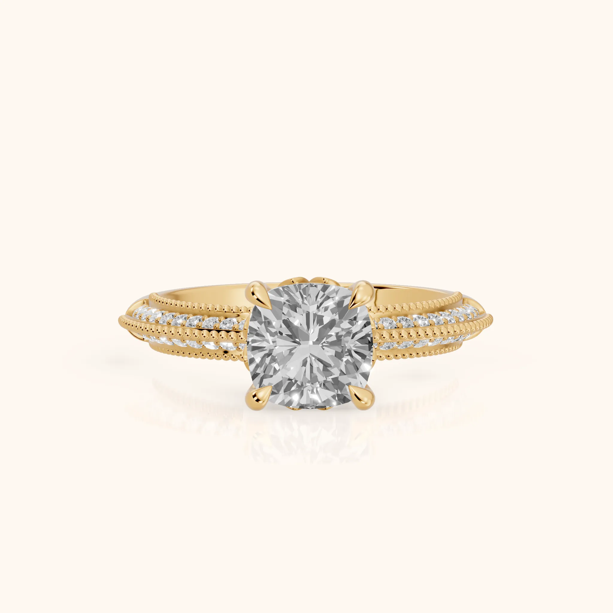 Indie Vintage Milgrain Cushion Diamond Engagement Ring in Yellow Gold — view 1