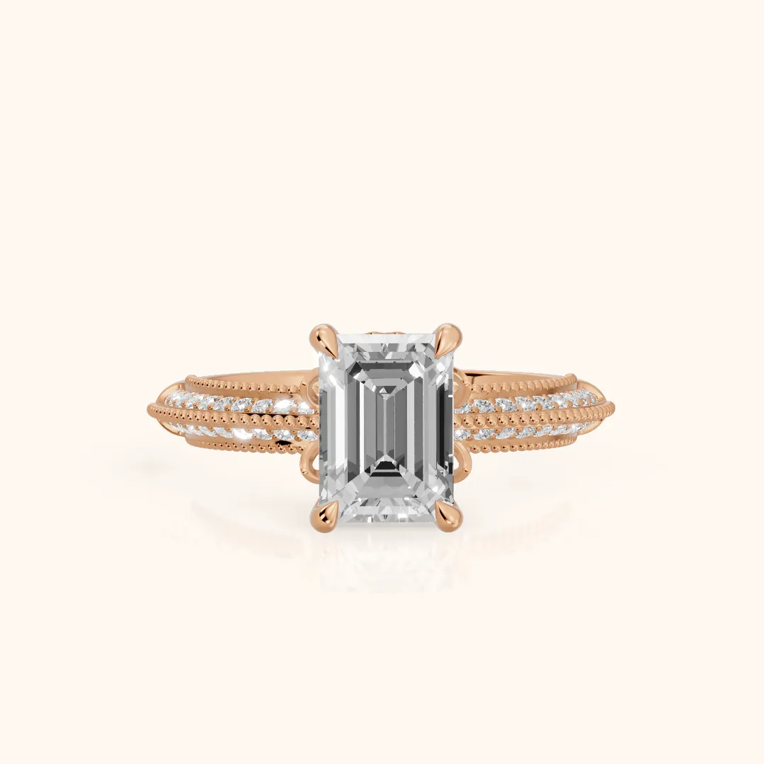 Indie Vintage Milgrain Emerald Diamond Engagement Ring in Rose Gold — view 2
