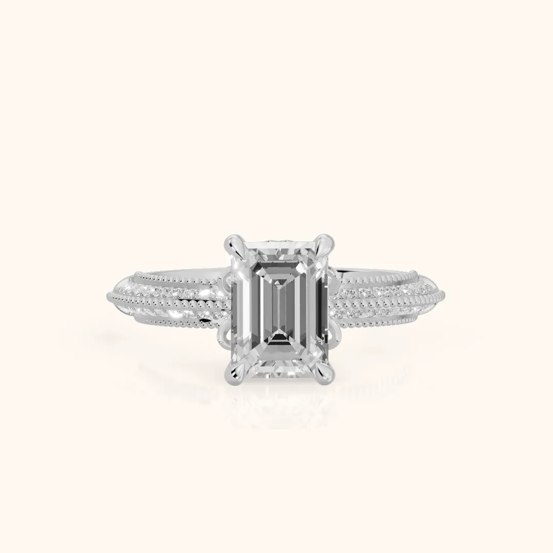 Indie Vintage Milgrain Emerald Diamond Engagement Ring in Silver — view 2