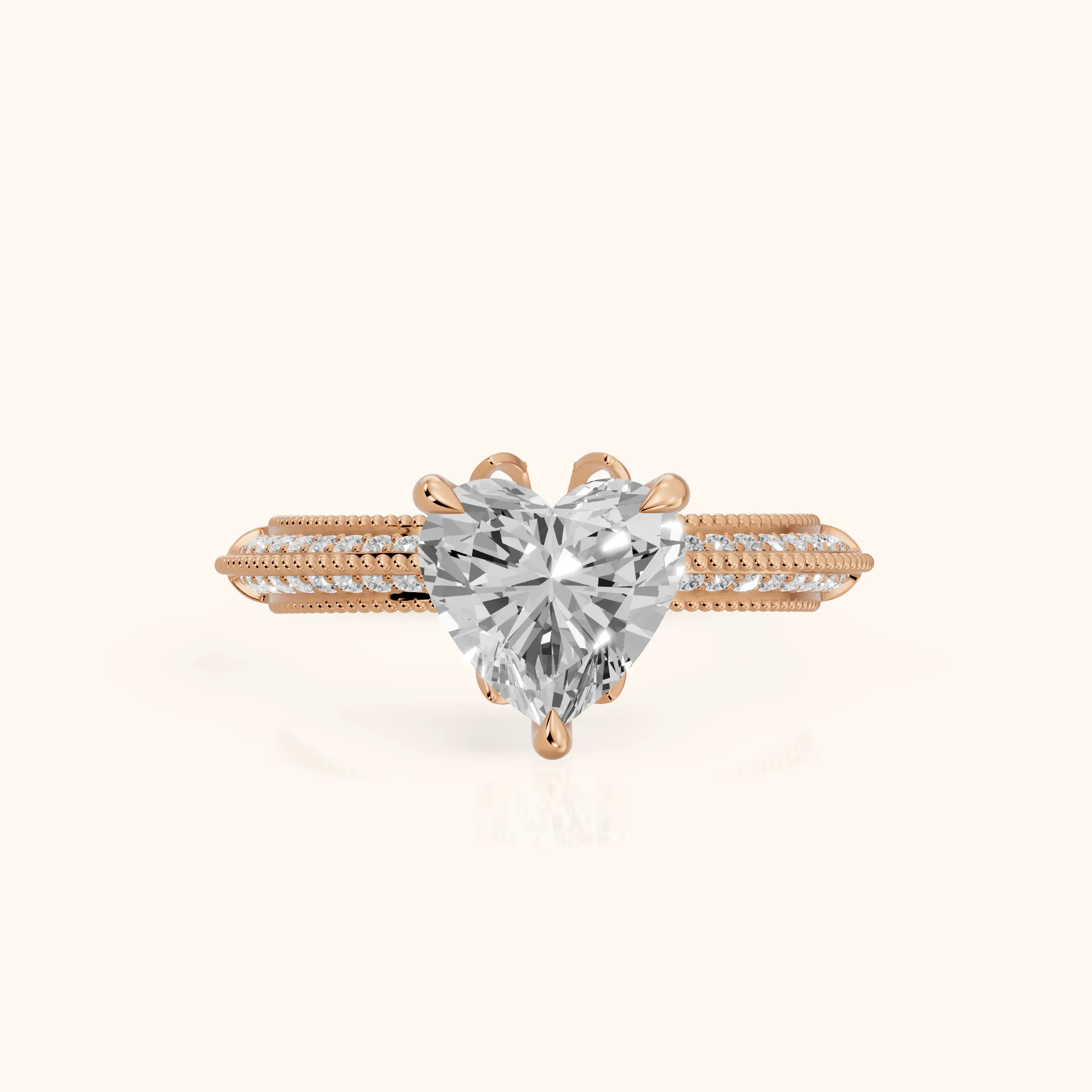 Indie Vintage Milgrain Heart Diamond Engagement Ring in Rose Gold — view 1