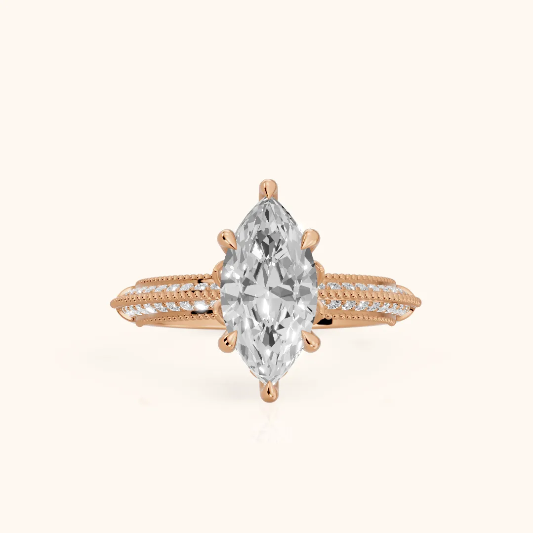 Indie Vintage Milgrain Marquise Diamond Engagement Ring in Rose Gold — view 2