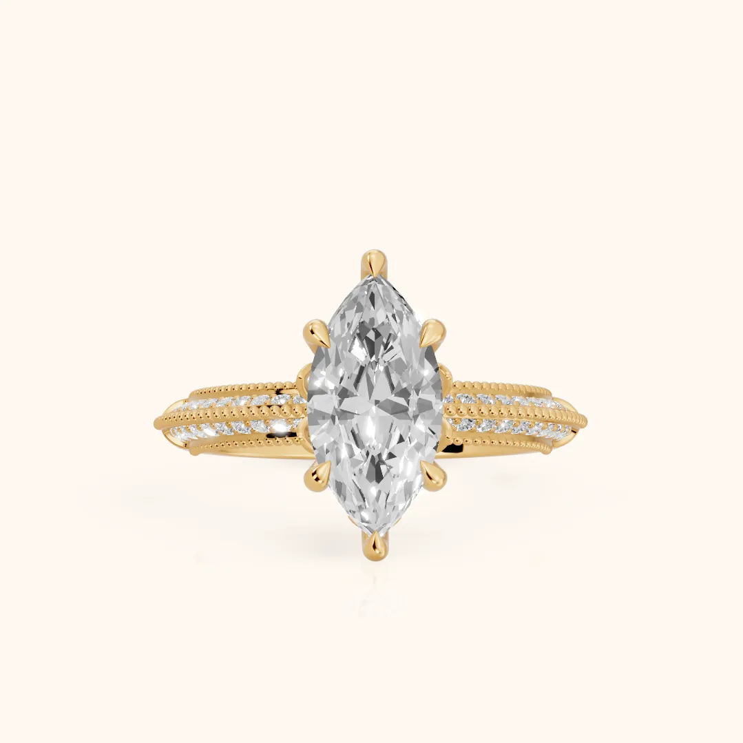 Indie Vintage Milgrain Marquise Diamond Engagement Ring in Yellow Gold — view 2