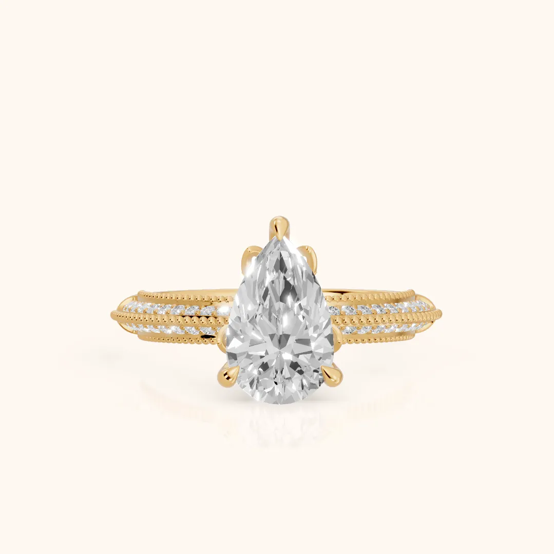 Indie Vintage Milgrain Pear Diamond Engagement Ring in Yellow Gold — view 2