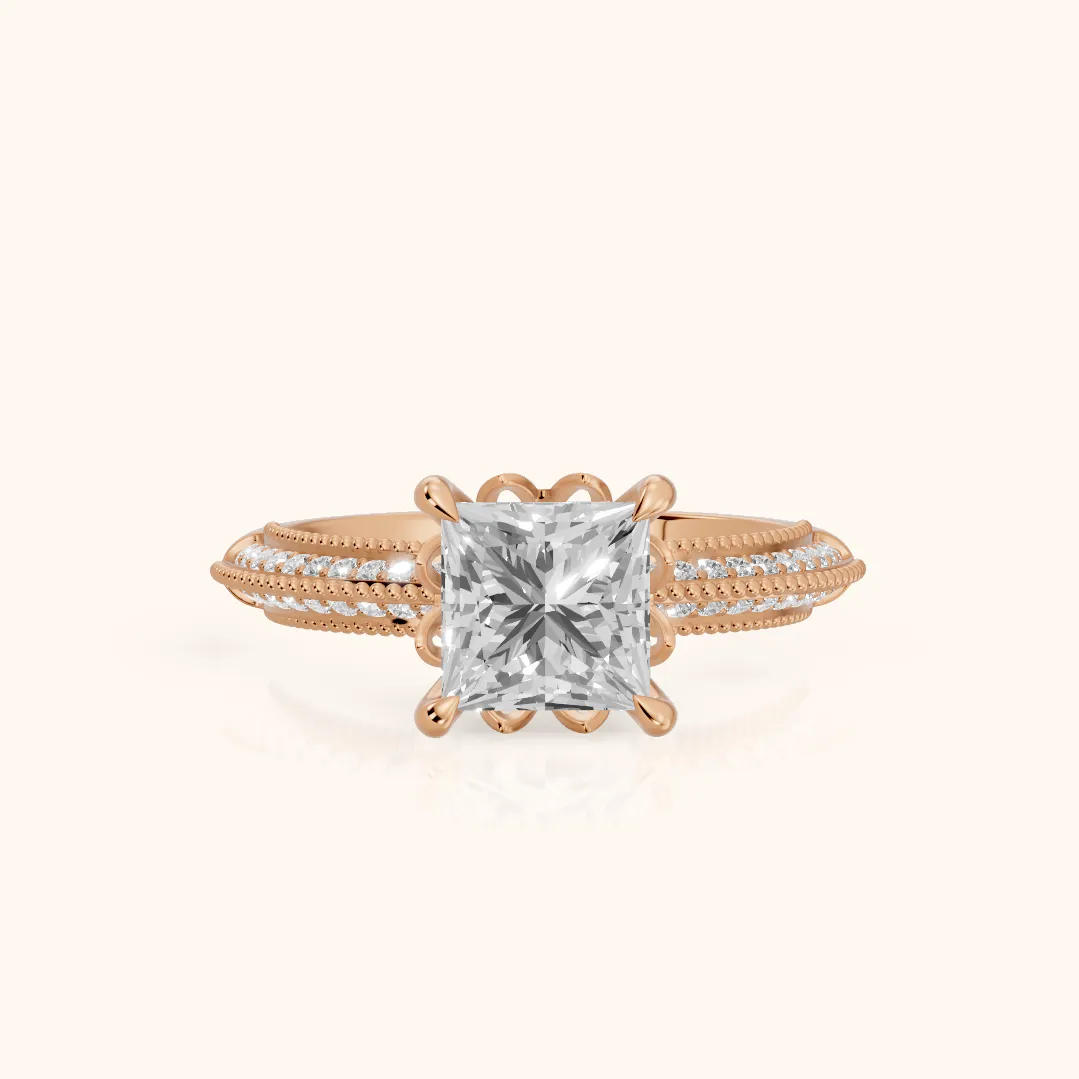 Indie Vintage Milgrain Princess Diamond Engagement Ring in Rose Gold — view 2