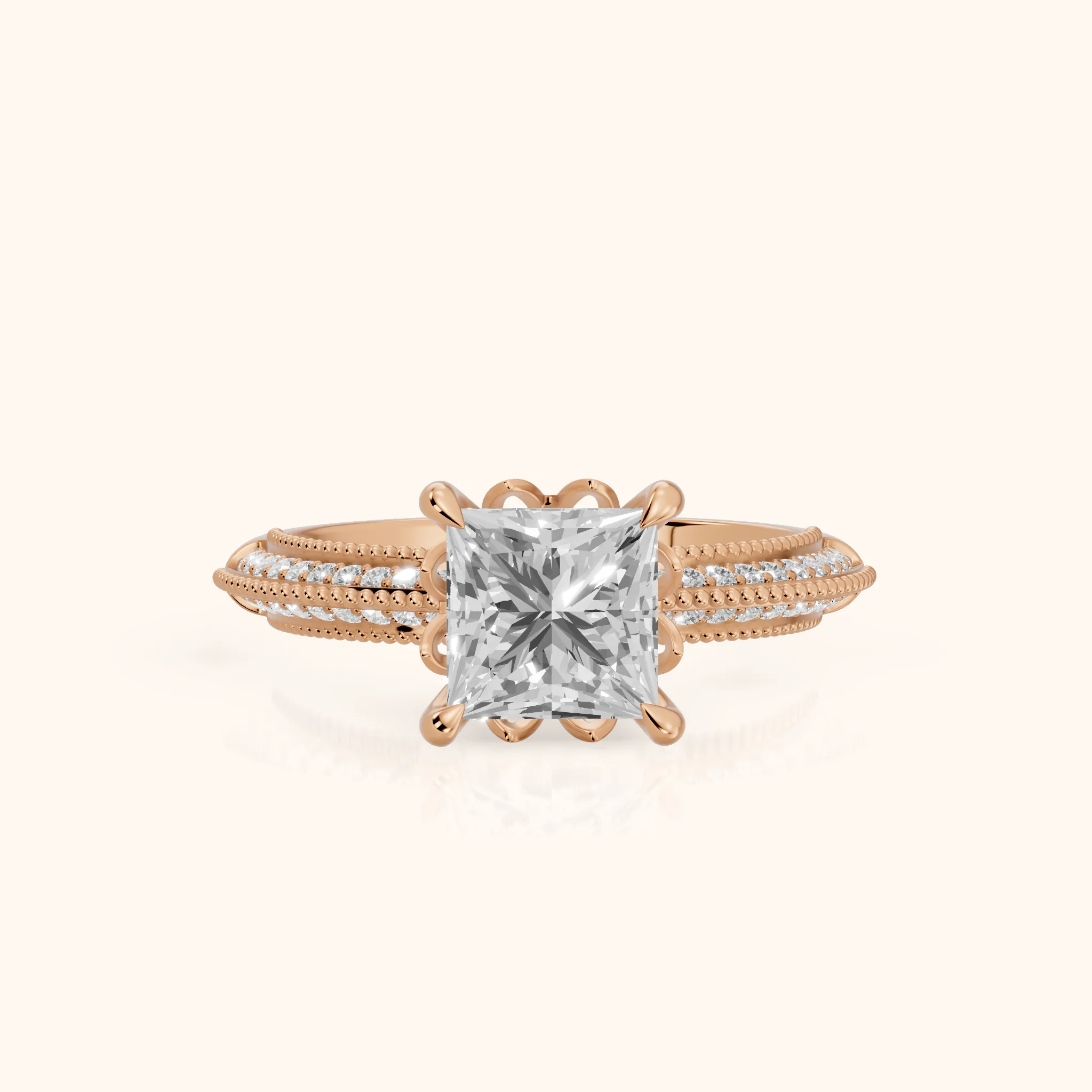 Indie Vintage Milgrain Princess Diamond Engagement Ring in Rose Gold — view 1