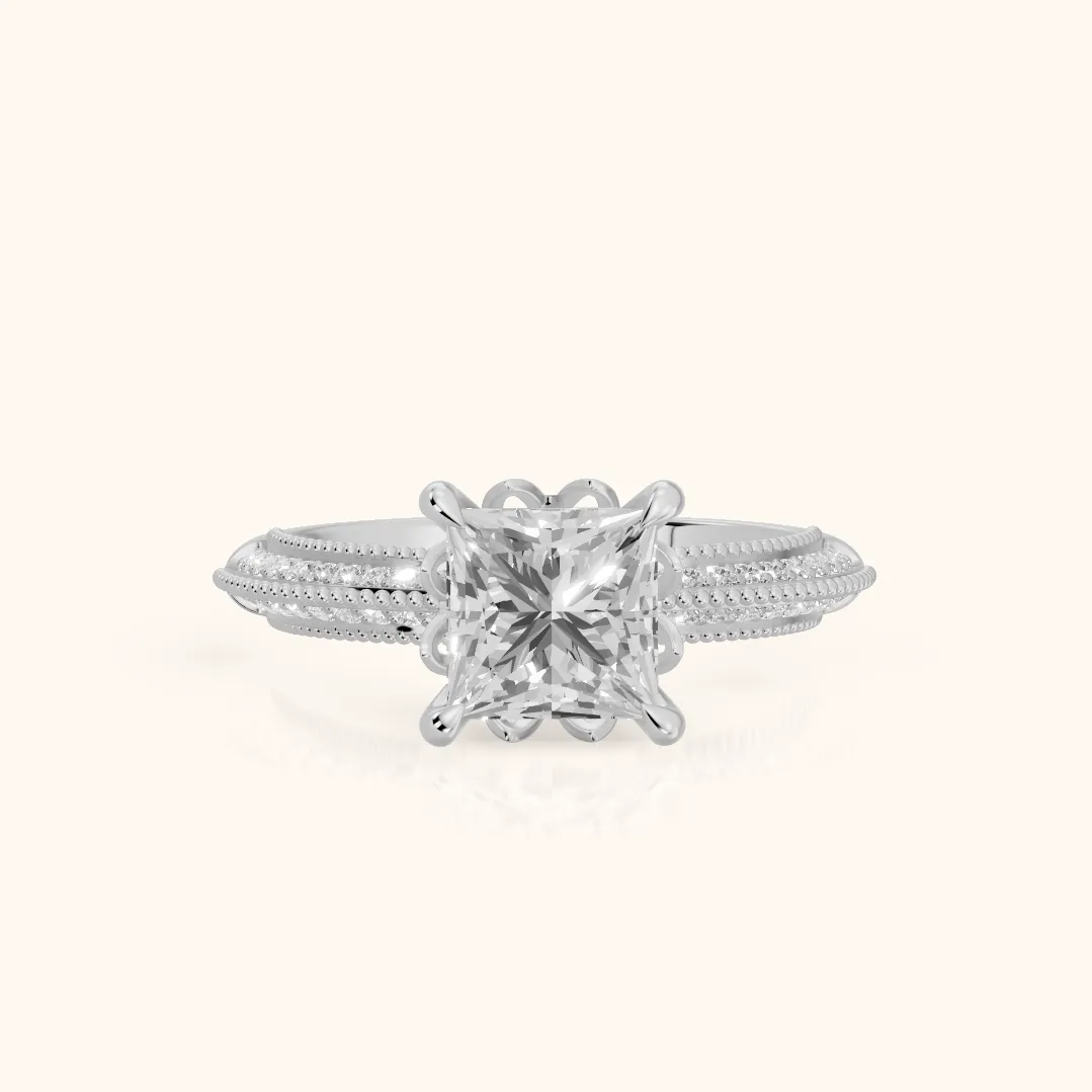 Indie Vintage Milgrain Princess Diamond Engagement Ring in Silver — view 2