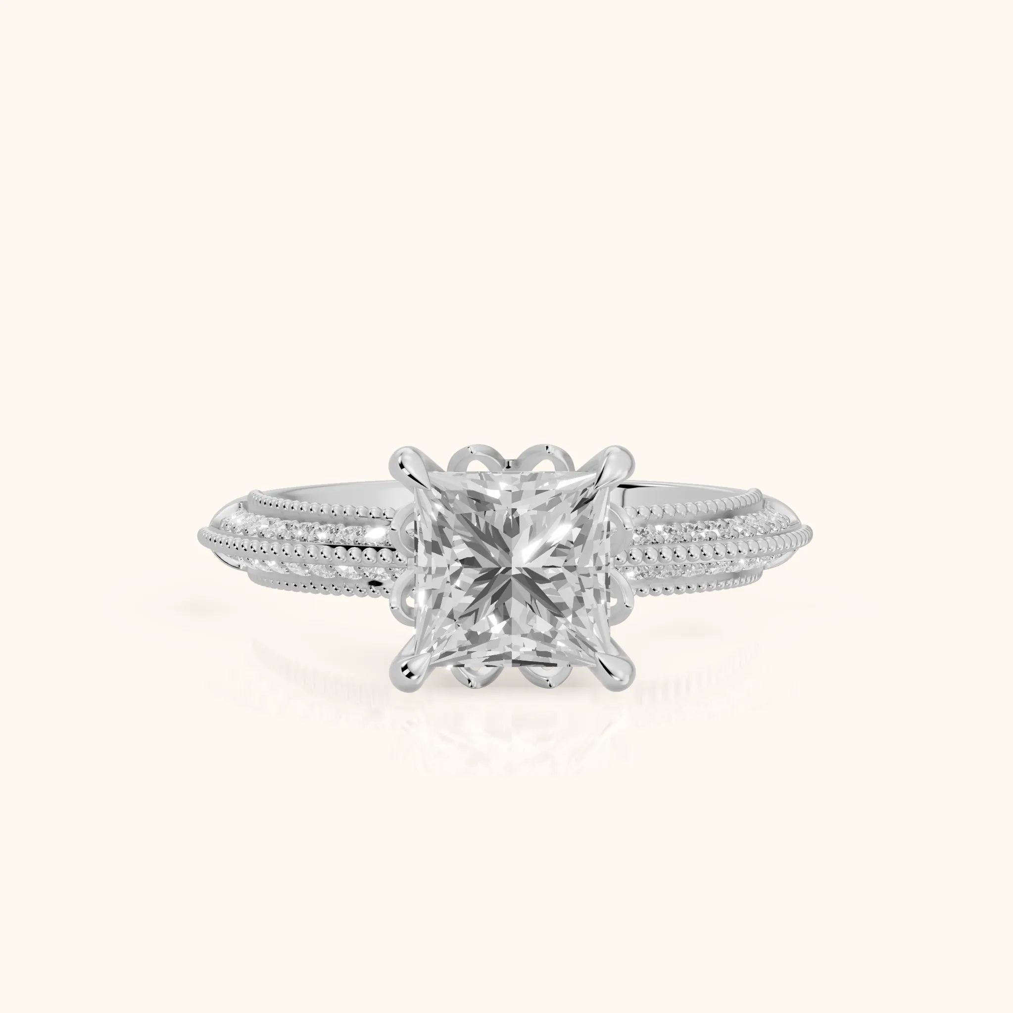 Indie Vintage Milgrain Princess Diamond Engagement Ring in Silver — view 1