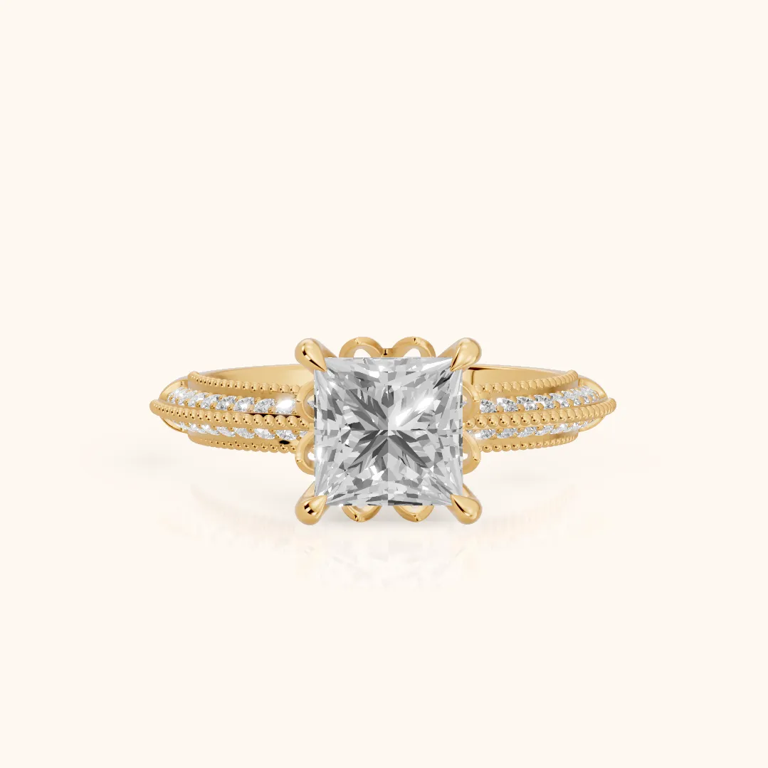 Indie Vintage Milgrain Princess Diamond Engagement Ring in Yellow Gold — view 2