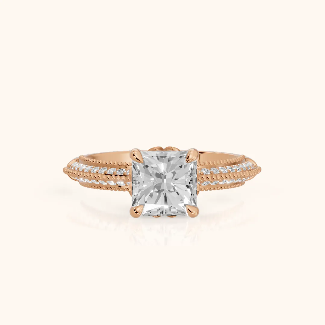 Indie Vintage Milgrain Radiant Diamond Engagement Ring in Rose Gold — view 2