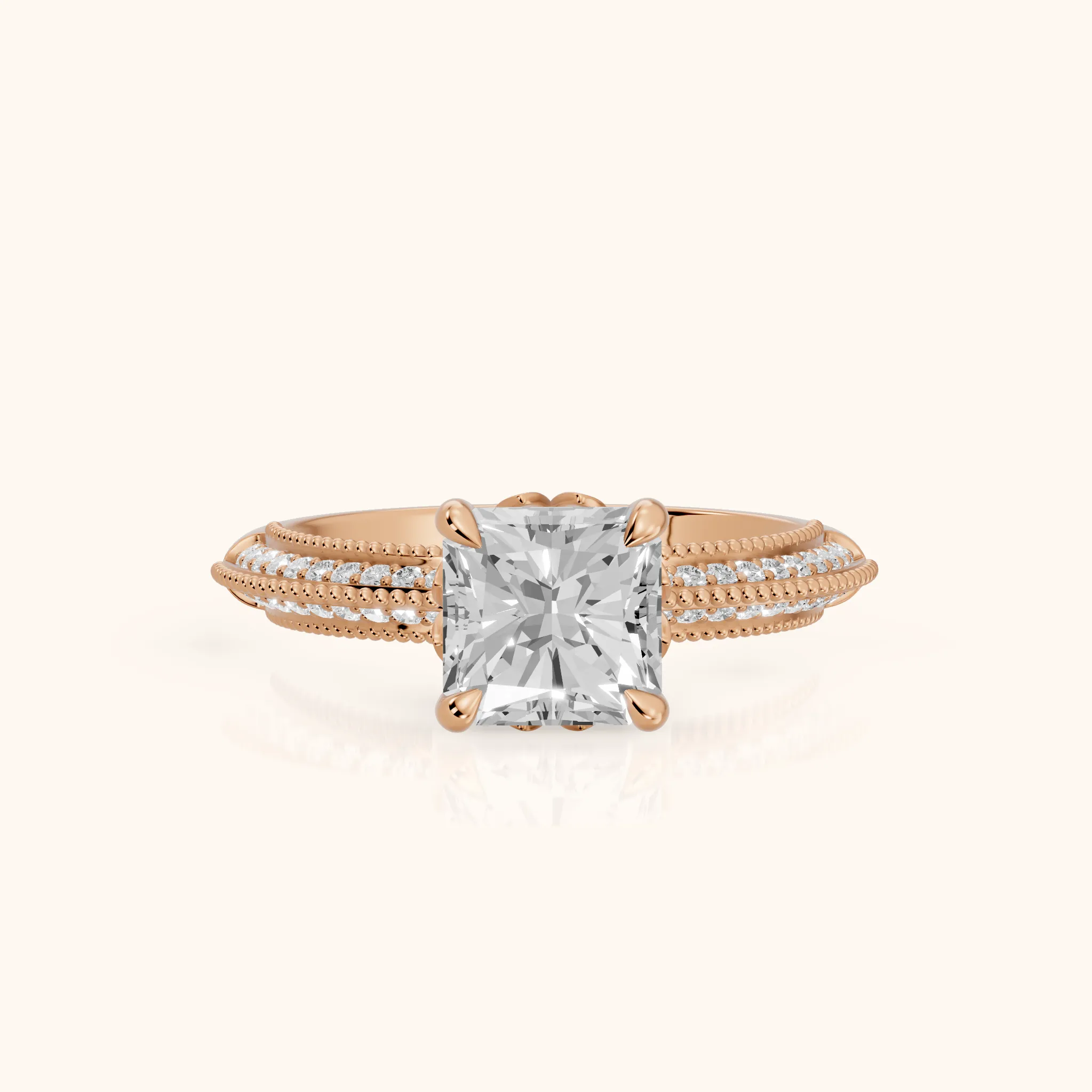 Indie Vintage Milgrain Radiant Diamond Engagement Ring in Rose Gold — view 1