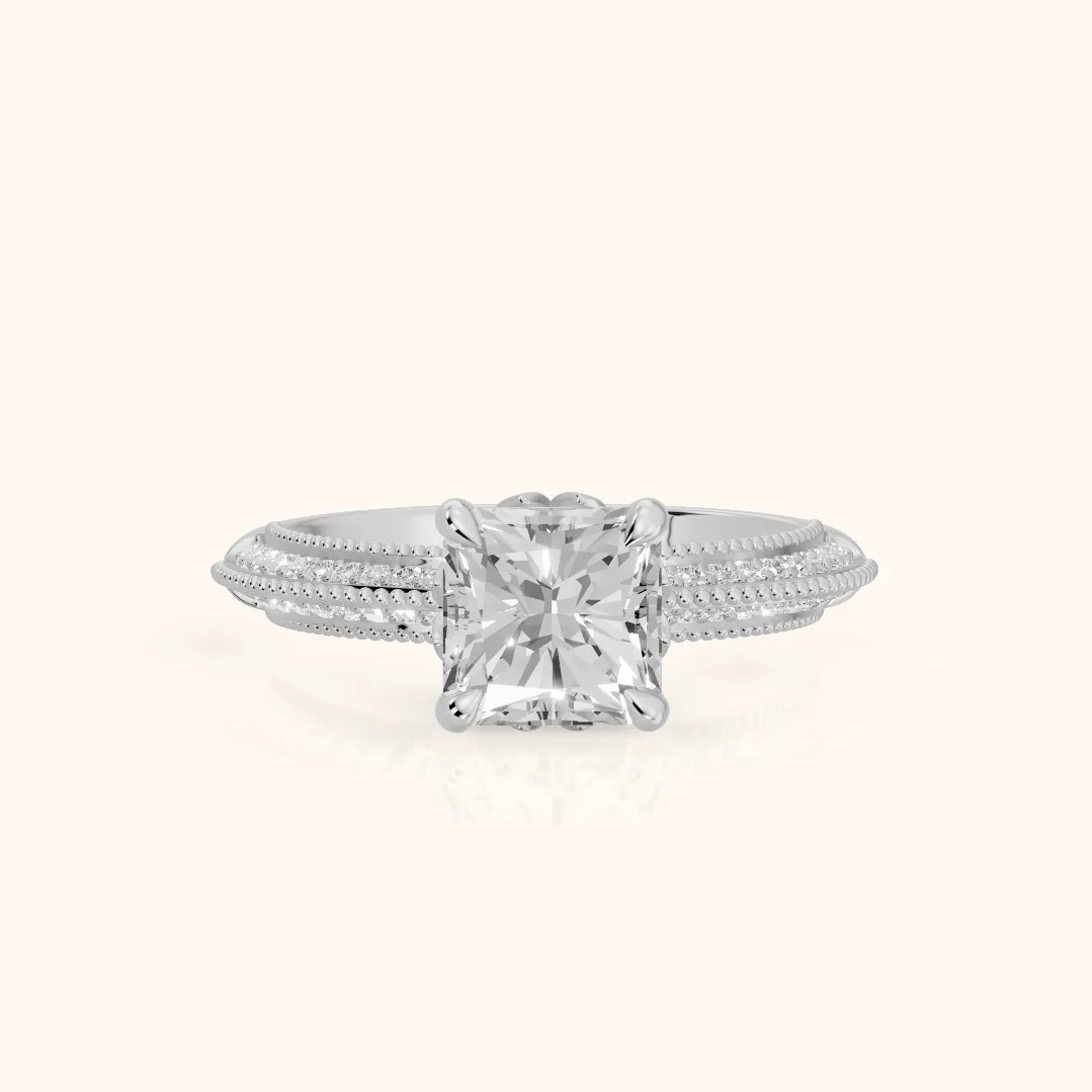 Indie Vintage Milgrain Radiant Diamond Engagement Ring in Silver — view 2