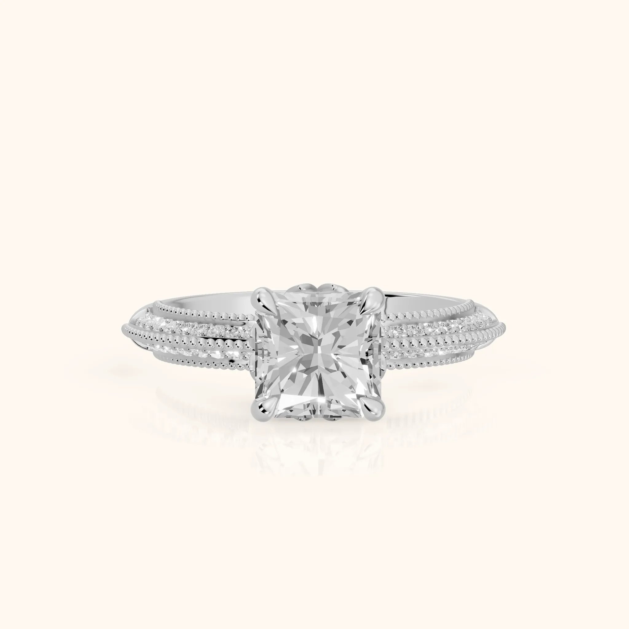Indie Vintage Milgrain Radiant Diamond Engagement Ring in Silver — view 1