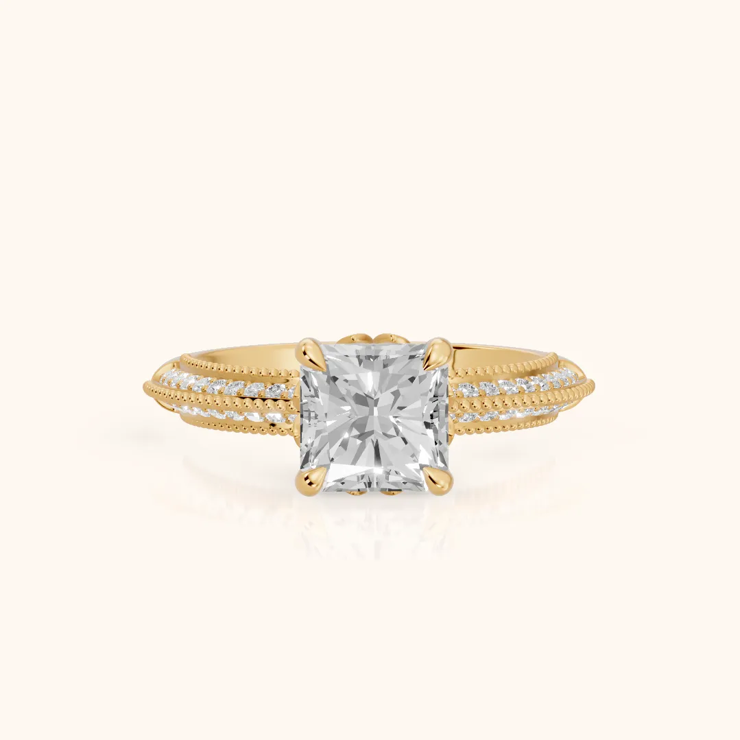 Indie Vintage Milgrain Radiant Diamond Engagement Ring in Yellow Gold — view 2