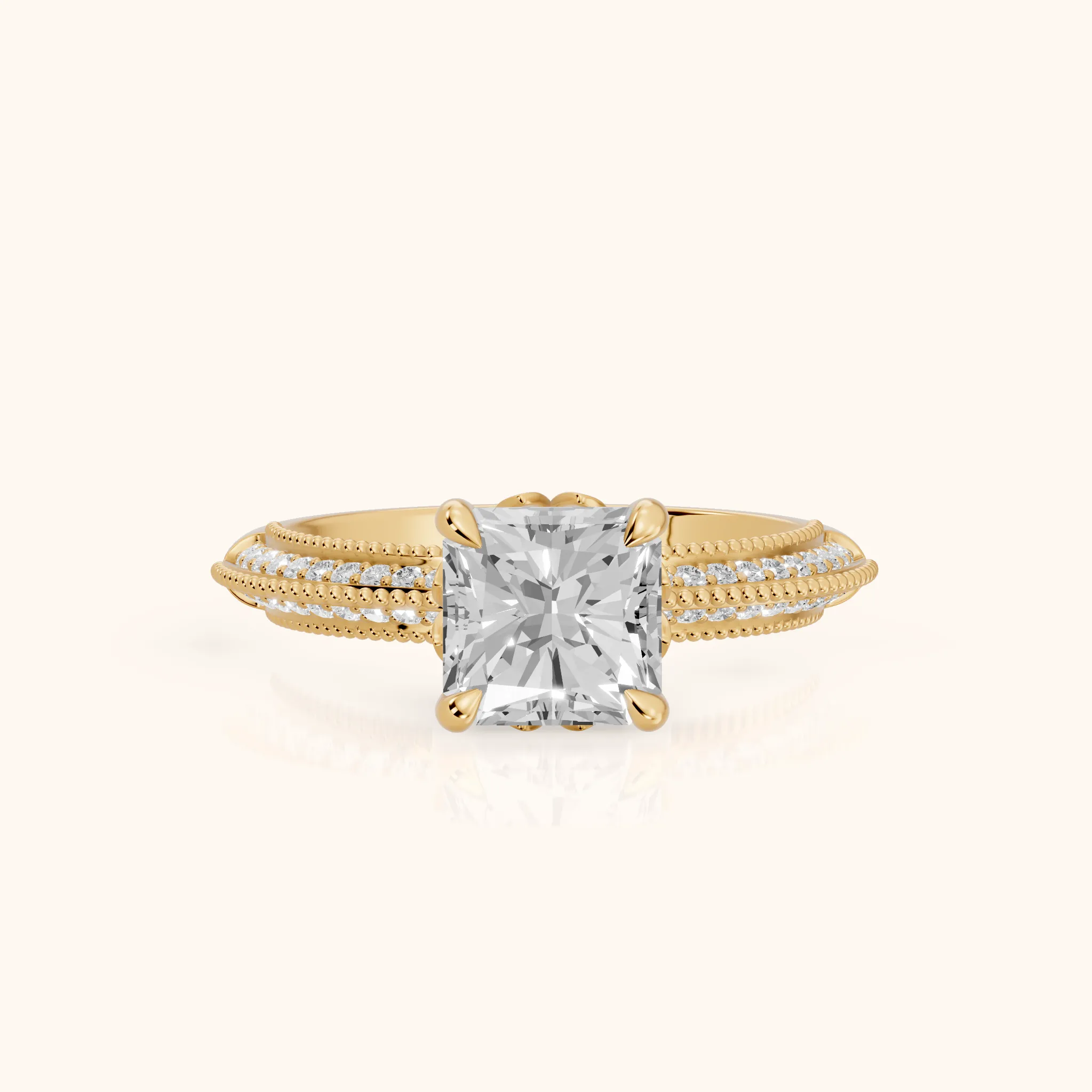 Indie Vintage Milgrain Radiant Diamond Engagement Ring in Yellow Gold — view 1