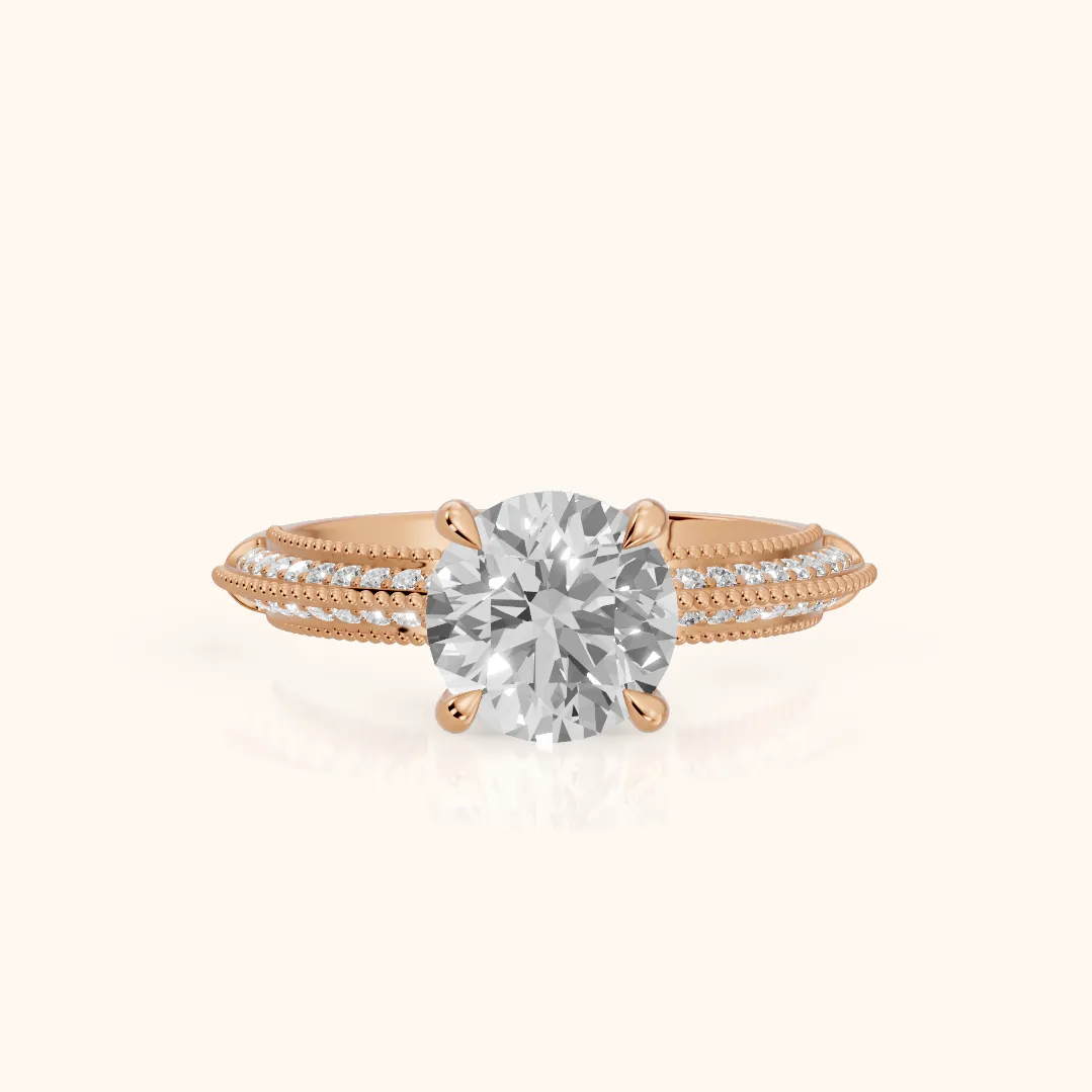 Indie Vintage Milgrain Round Diamond Engagement Ring in Rose Gold — view 2