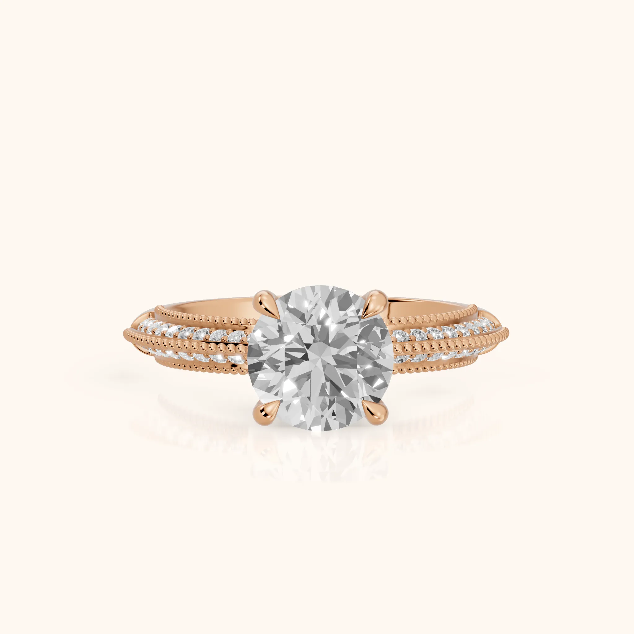 Indie Vintage Milgrain Round Diamond Engagement Ring in Rose Gold — view 1