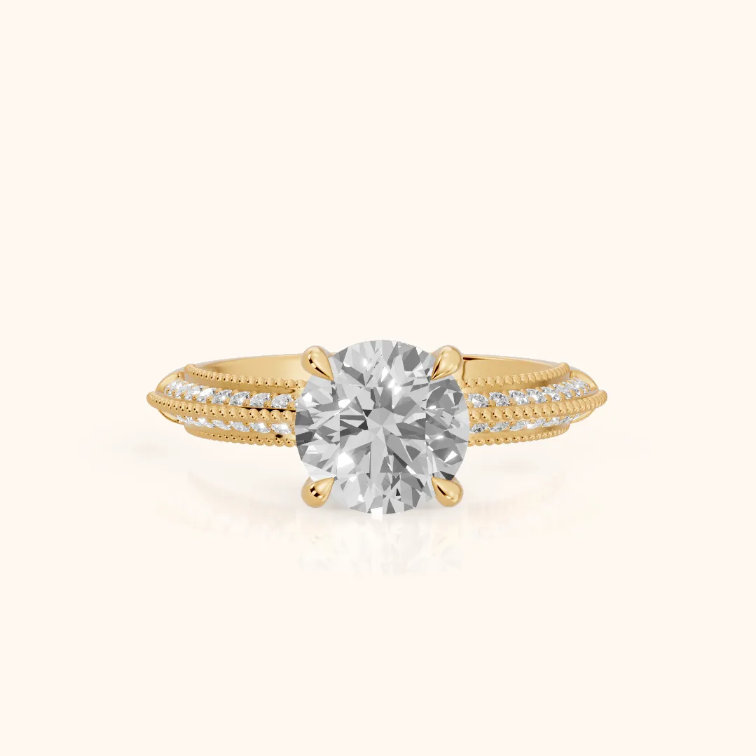 Indie Vintage Milgrain Round Diamond Engagement Ring in Yellow Gold — view 2