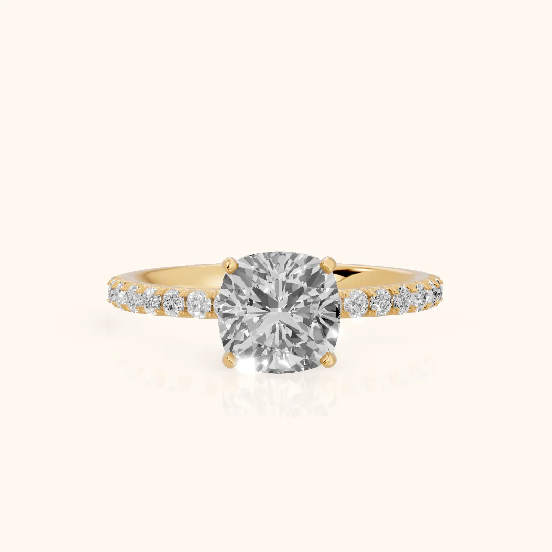 Juna French Pavé Solitaire Cushion Diamond Engagement Ring in Yellow Gold — view 2