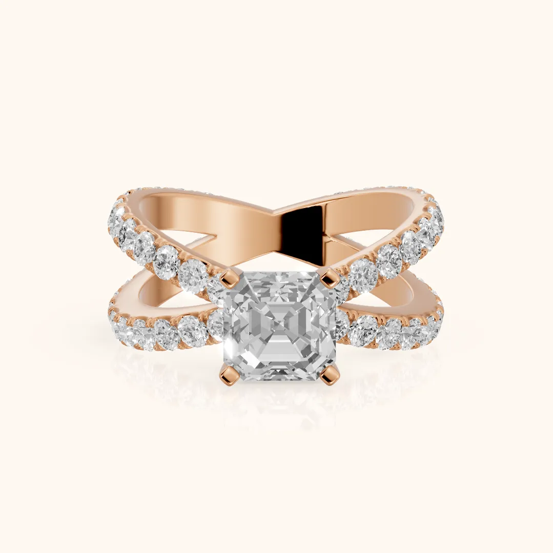 Lior Criss Cross Pavé Asscher Diamond Engagement Ring in Rose Gold — view 2