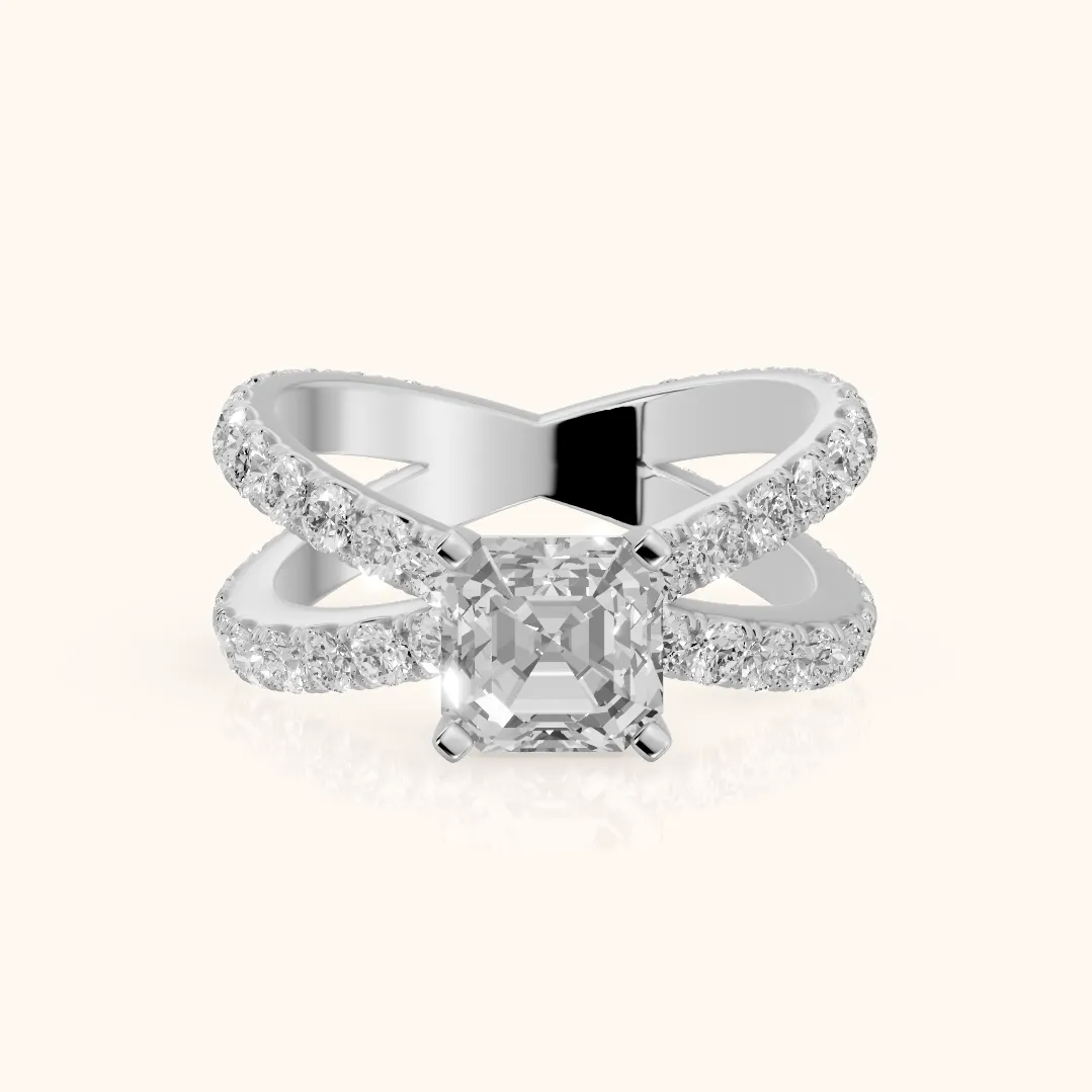 Lior Criss Cross Pavé Asscher Diamond Engagement Ring in Silver — view 2