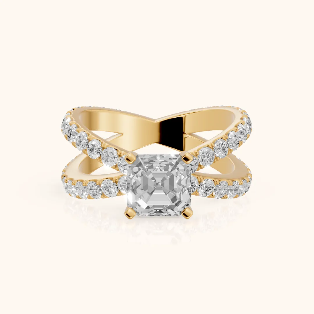 Lior Criss Cross Pavé Asscher Diamond Engagement Ring in Yellow Gold — view 2