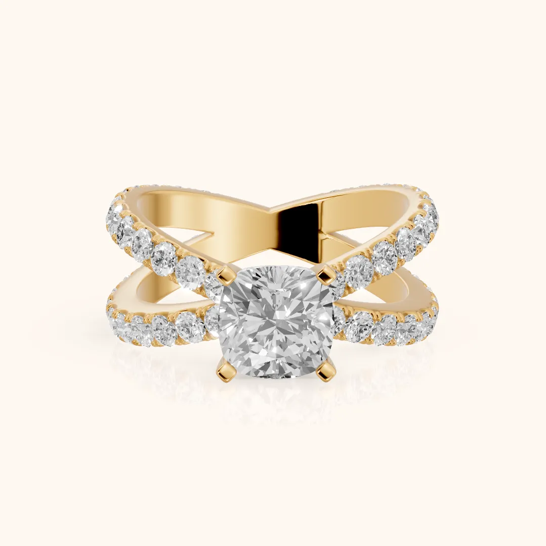 Lior Criss Cross Pavé Cushion Diamond Engagement Ring in Yellow Gold — view 2