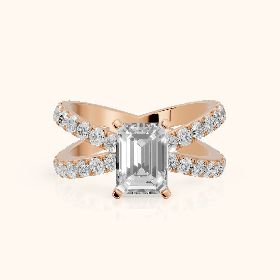 Lior Criss Cross Pavé Emerald Diamond Engagement Ring in Rose Gold — view 2